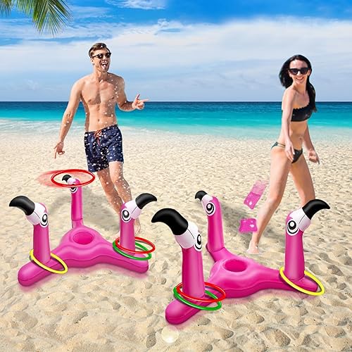 Miniatura 6 de Paquete de 2 juguetes inflables de flamenco para piscina, 2 en 1, anillos flotantes para piscina para lanzar y cornhole, decoración de fiesta