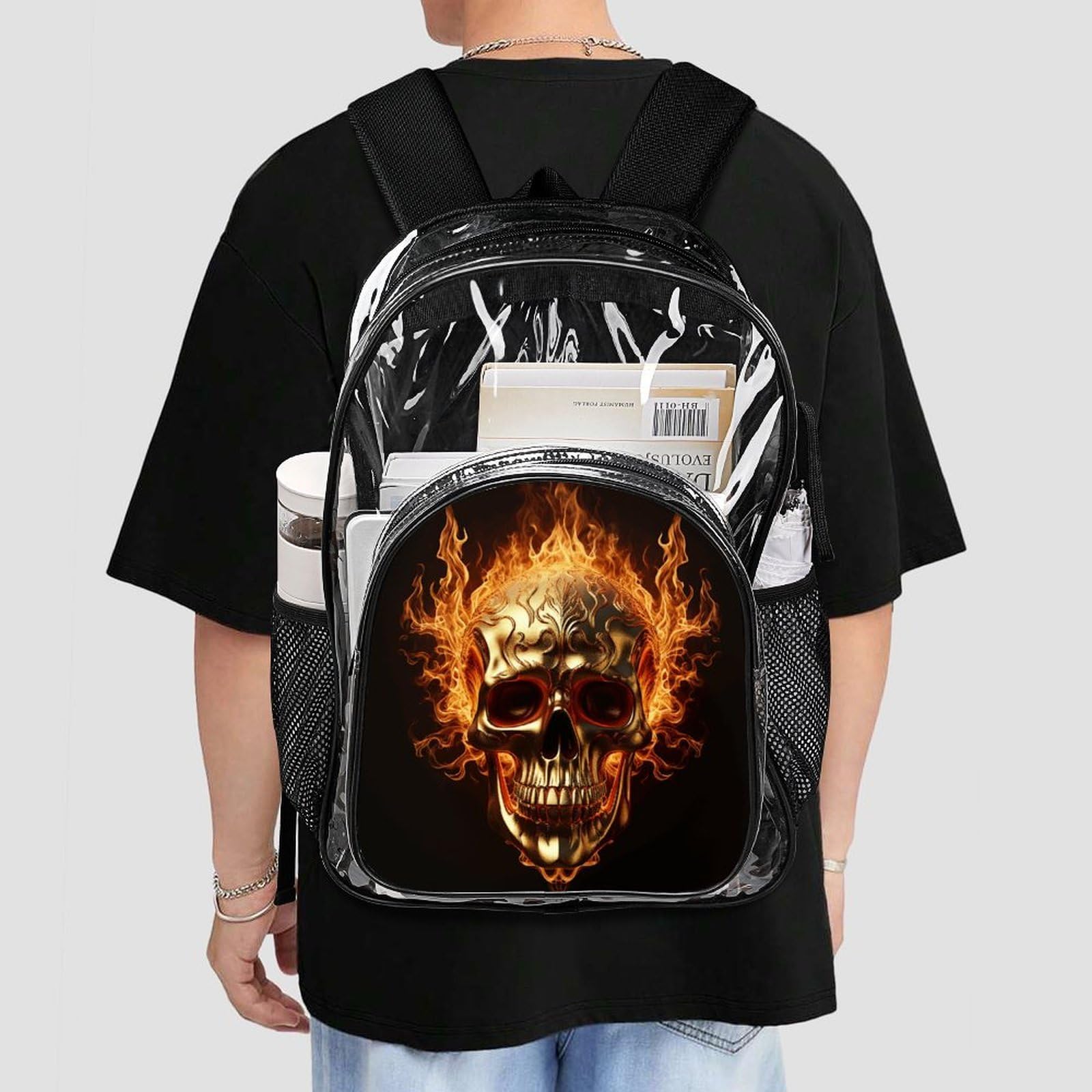 Transparenter Rucksack mit Totenkopf und Flammen, groß, transparent, PVC, Büchertasche für Sicherheit, Arbeit, Reisen, Stadion