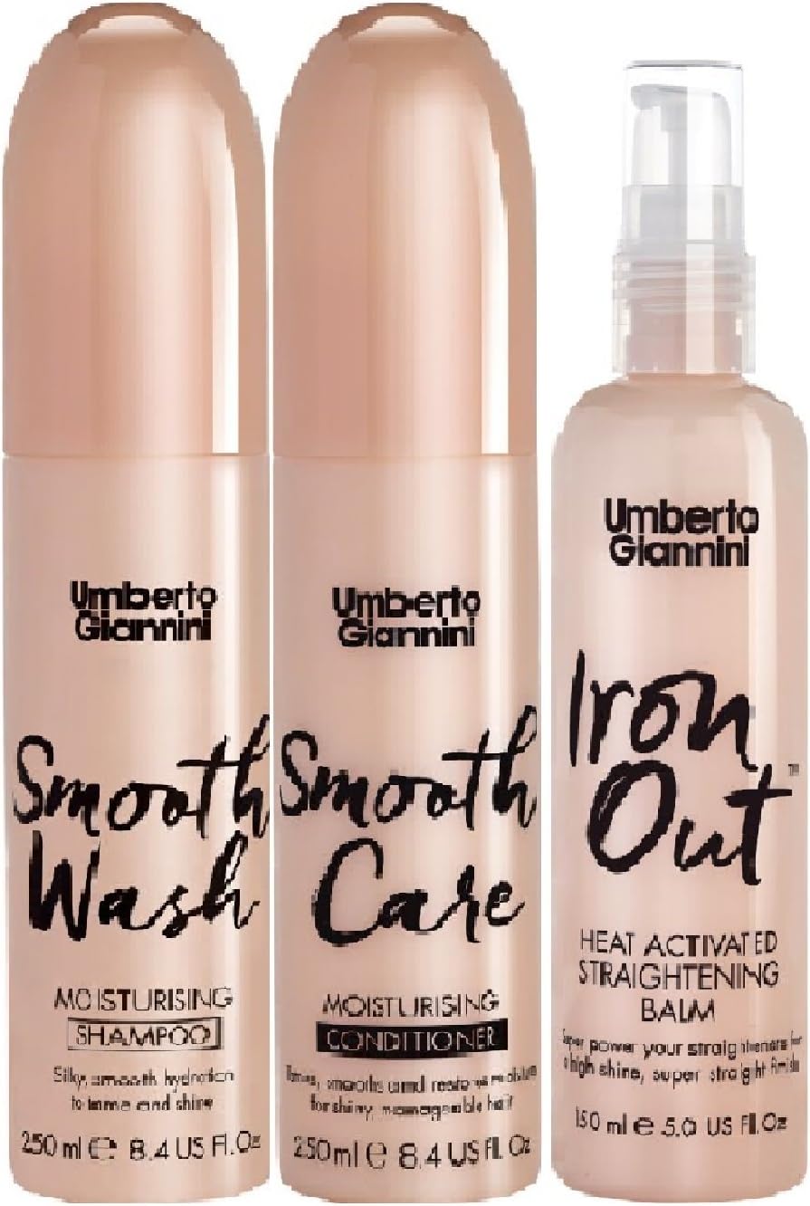 (3 PACK) Umberto Giannini Smooth Wash Moisturising Shampoo x 250ml & Umberto Giannini Smooth Care Moisturising Conditioner x 250ml Umberto Giannini Iron Out Heat Activated Straightening Balm x 150ml