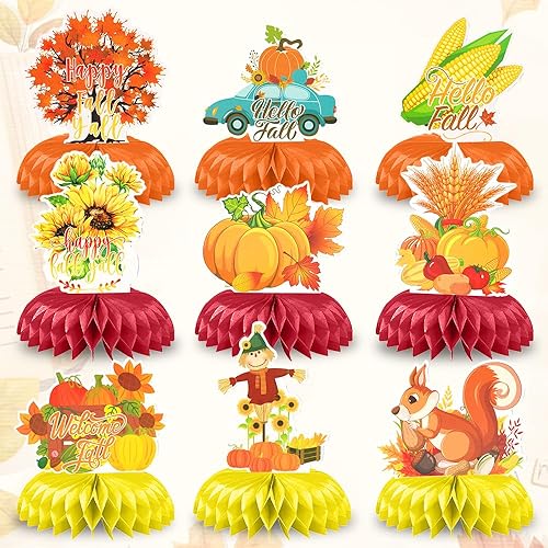 Vista 15 de Centros de mesa de Acción de Gracias, Happy FAL Ya'll 3D Honeycomb Centros de mesa de cosecha, gnomos, calabaza, naranja, letrero de otoño