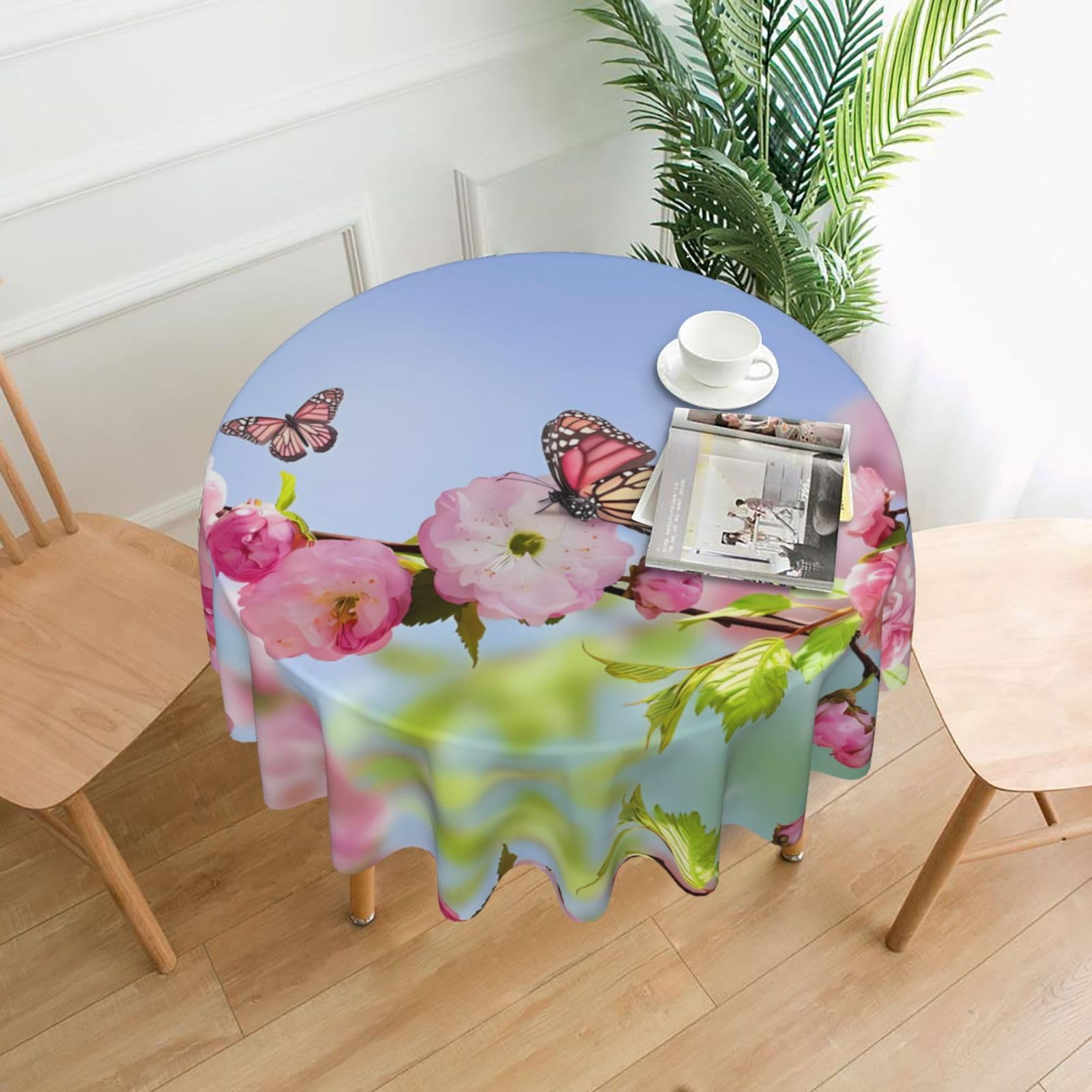 YYHWHJDE Pink Flowers butterflies Prints Round Decorative Table Throw 60in – Waterproof Table Cover for Elegant Dining & Outdoor Gatherings