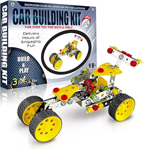 3 Bees & Me STEM - Kit de juguete de construcción de automóviles | Proyecto educativo de metal para niños y niñas de 8 a 11 años (de 6 a 7 años con