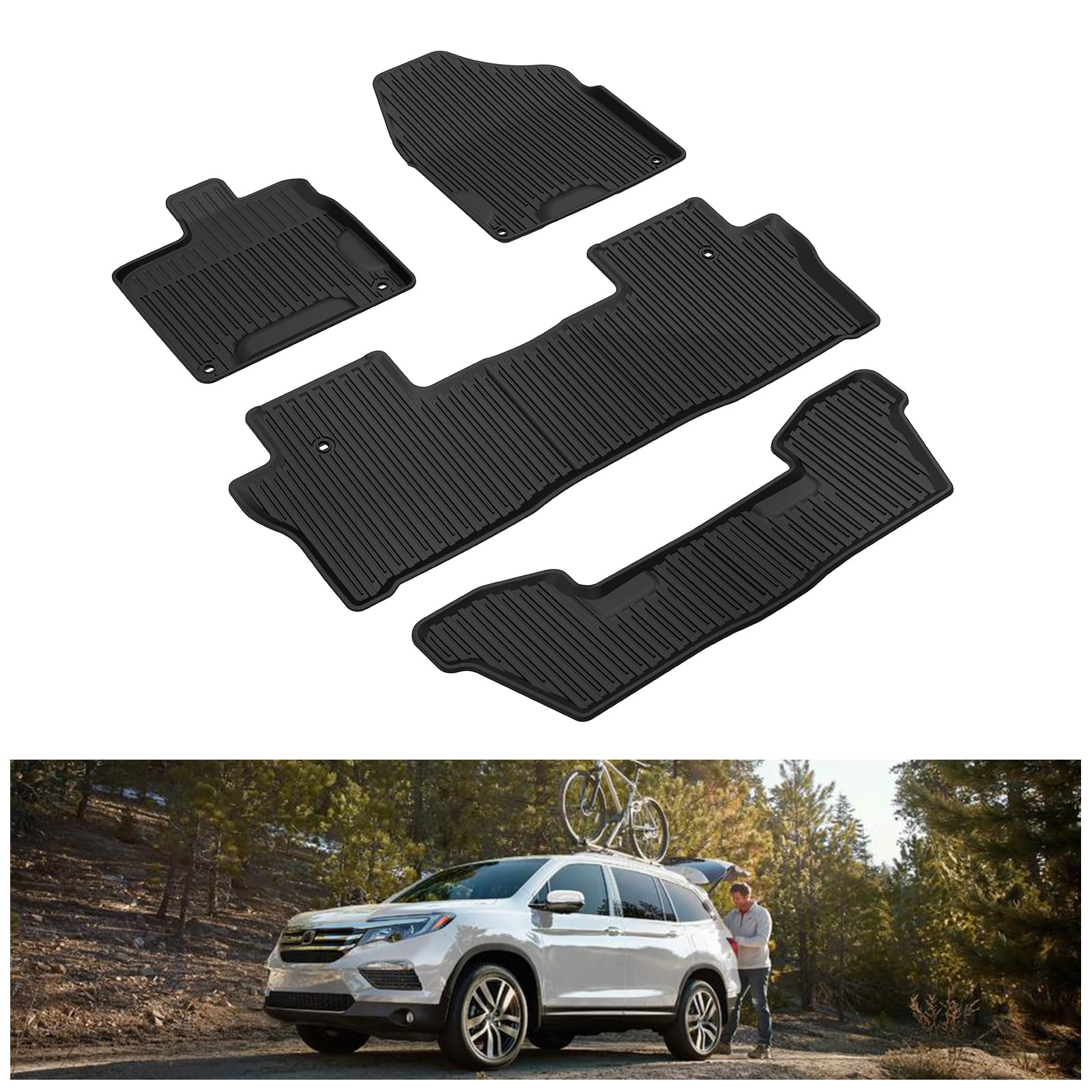 KIWI MASTER Floor Mats for 2016-2022 Honda Pilot OEM Replacement 08P17-TG7-300 All Weather Mat Liners Front Rear 3 Row Seat TPE Slush Liner Black