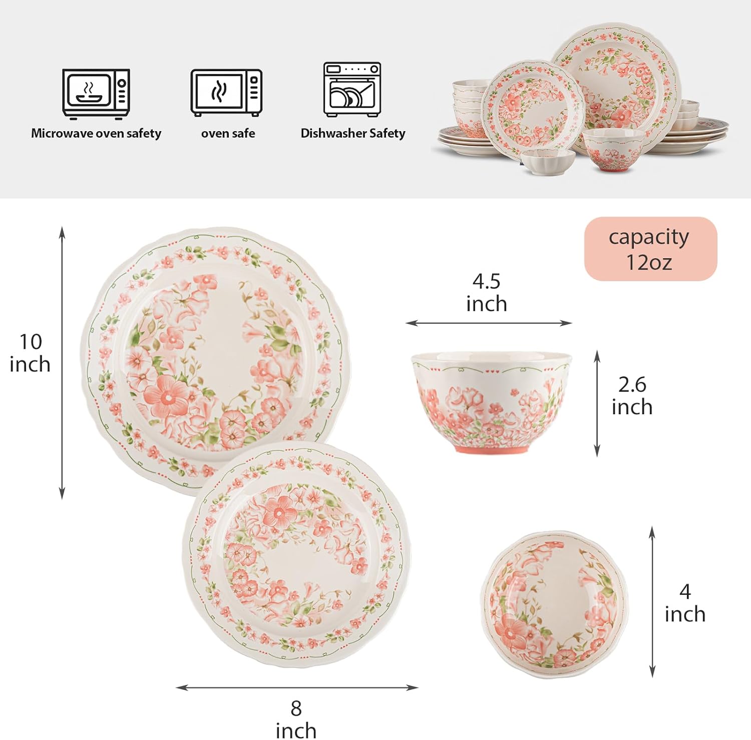 16-Piece Dinnerware Set for 4, Ceramic Plates and Bowls Sets, Microwave & Dishwasher Safe Dish Sets for Daily Use & Gifting, with Morning Bloom Floral Vine Pattern