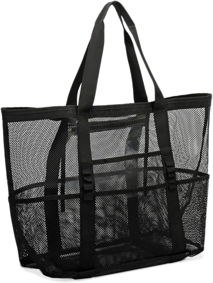 TOPASION Large Mesh Beach Tote Bag 9 Pockets Lightweight