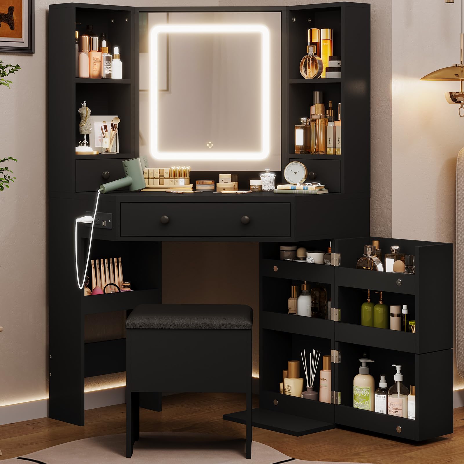 Vanity Desk with Mirror Lights, Storage Bench & Power Outlet, Corner Vanities with Rotating Cabinet & Drawers, 42.5" L Shaped Vanity Set, 3 Light Settings, for Women Girls, Modern BlackThe Forest Stewardship Council