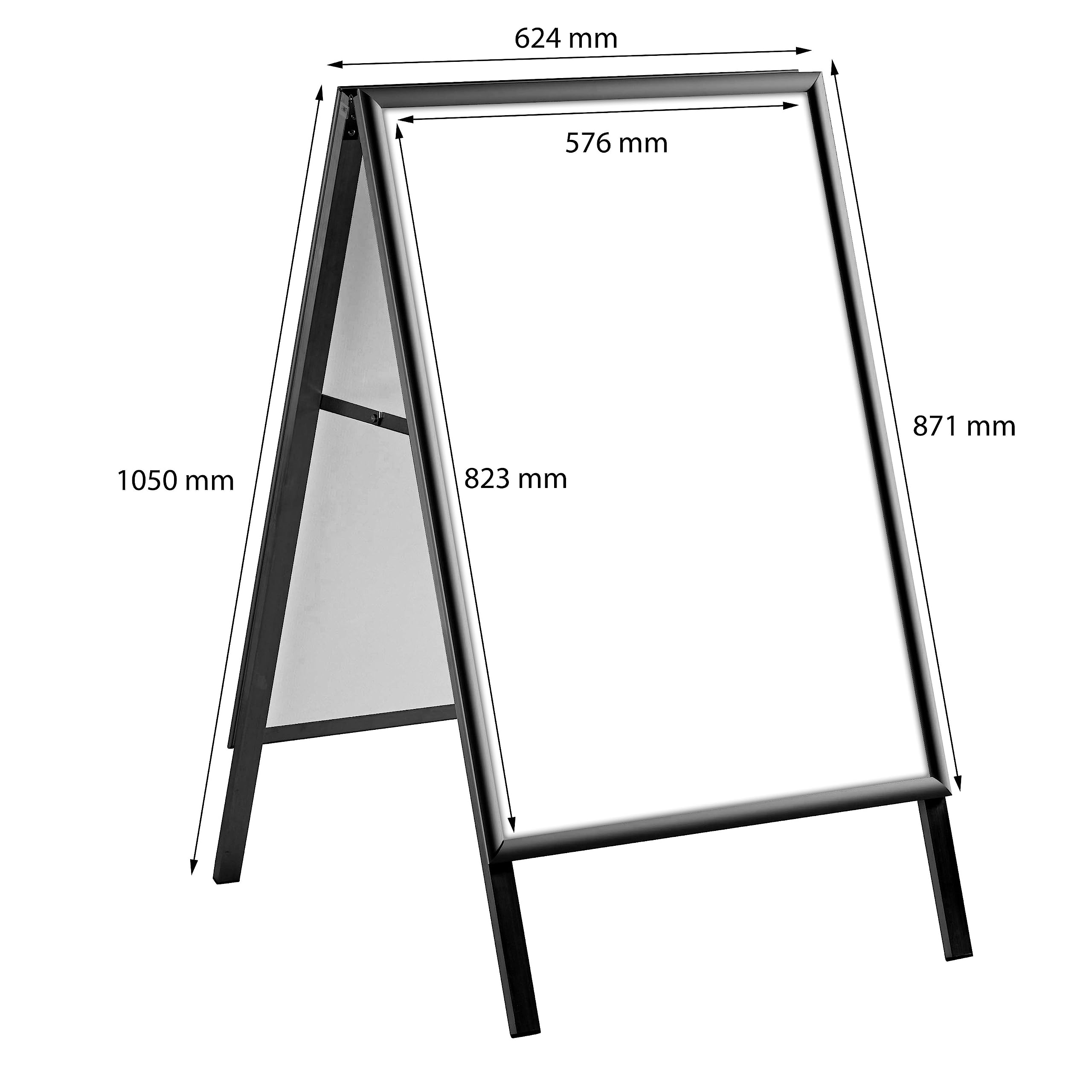 publicidad exterior a la intemperie A1 negro | porta carteles con perfil de 25 mm para carteles DIN A1 | caballete pizarra con orificios de drenaje de agua incl. 2 láminas PET