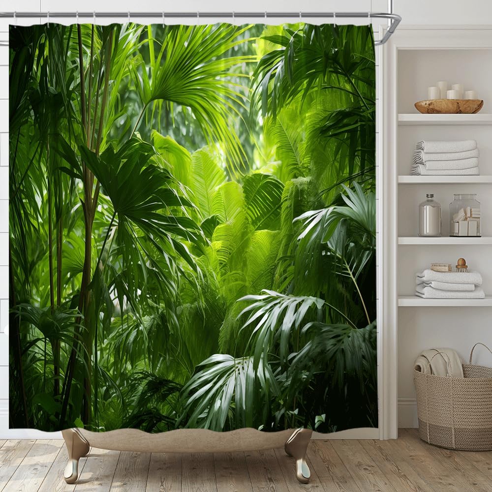 Jungle Shower Curtain Tropical Rainforest Plam Leaf Forest Tree Nature Summer Fabric Bathroom Decor Set with Hooks,(78" Wx70 H)