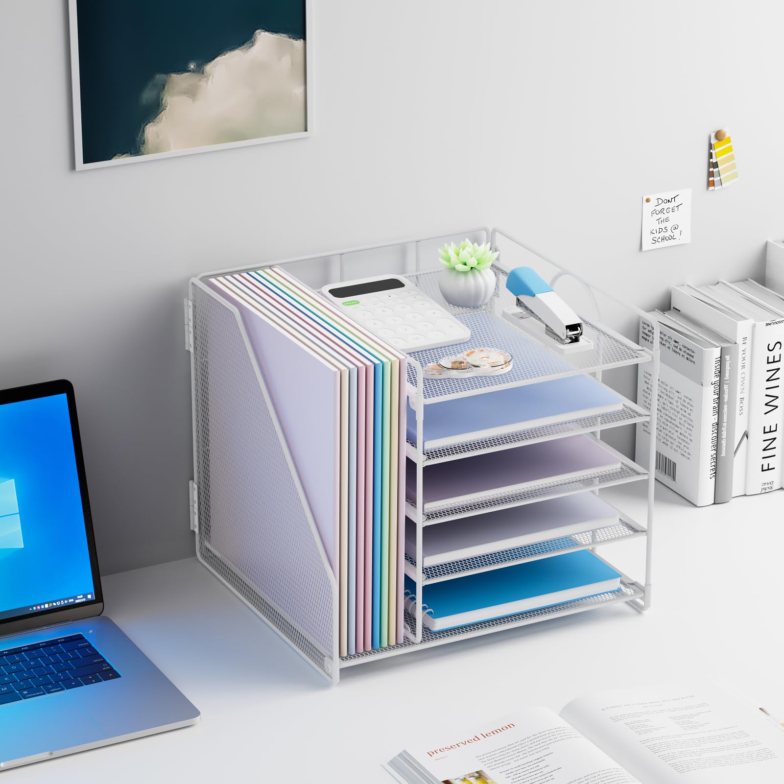 Schreibtisch Organizer mit Aktenhalter, 5-stöckiges Papier Briefkasten Organizer, Desktop Organizer und Aufbewahrung, Mesh Schreibtisch Organizer und Zubehör für Bürobedarf zu Hause(Weiß)