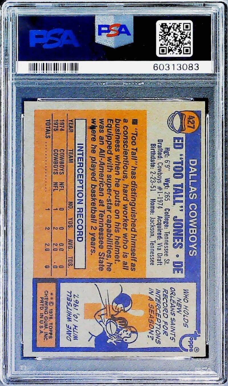 1976 Topps Football #427 Ed "Too Tall" Jones Dallas Cowboys PSA 8 NM-MT Trading Card