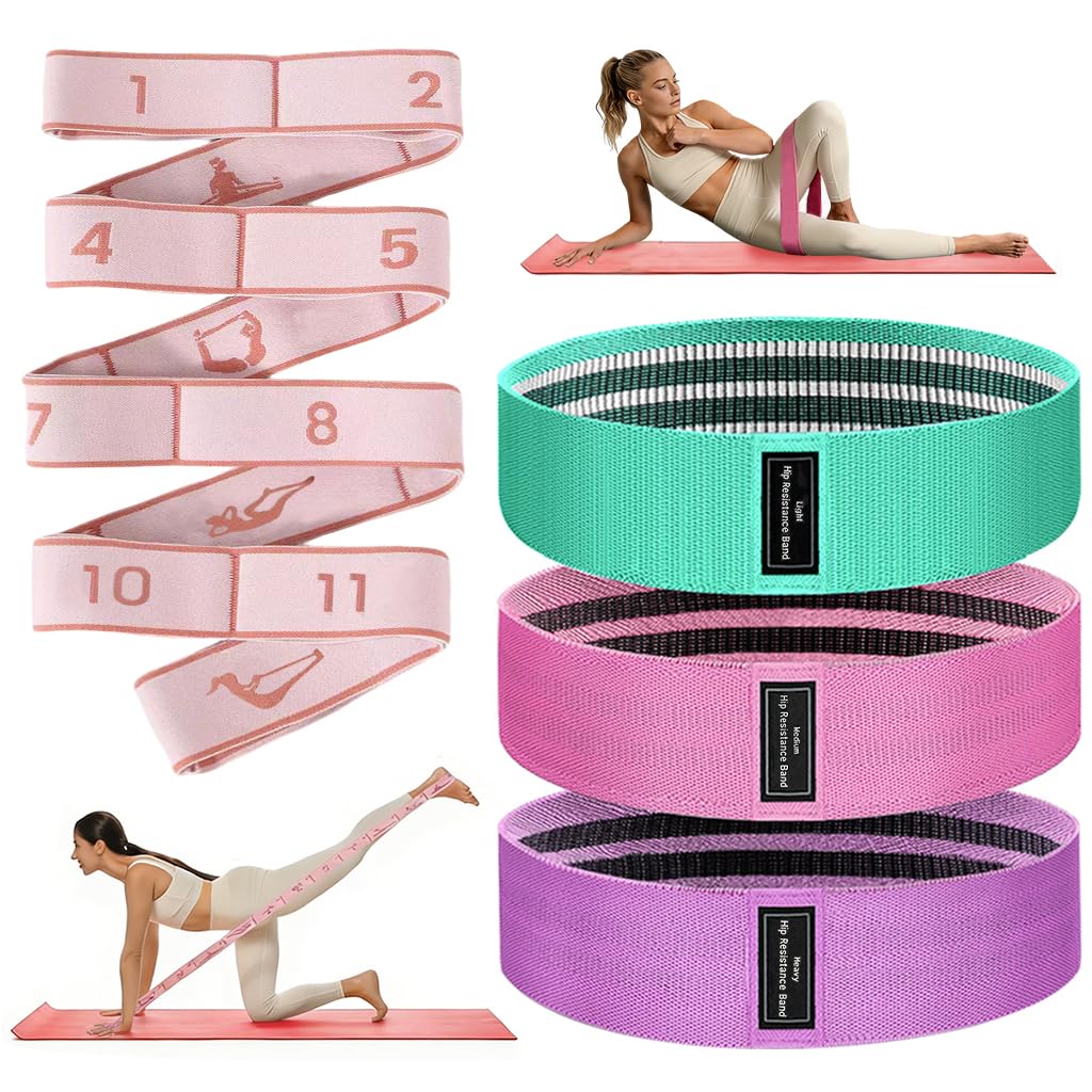 2-in-1 Fabric Resistance Bands Set & Numbered Elastic Stretching Strap - Non-Slip Glute Bands for Women, 12-Loop Stretch Workout Band with Visual Guide for Flexibility, Yoga, Rehab