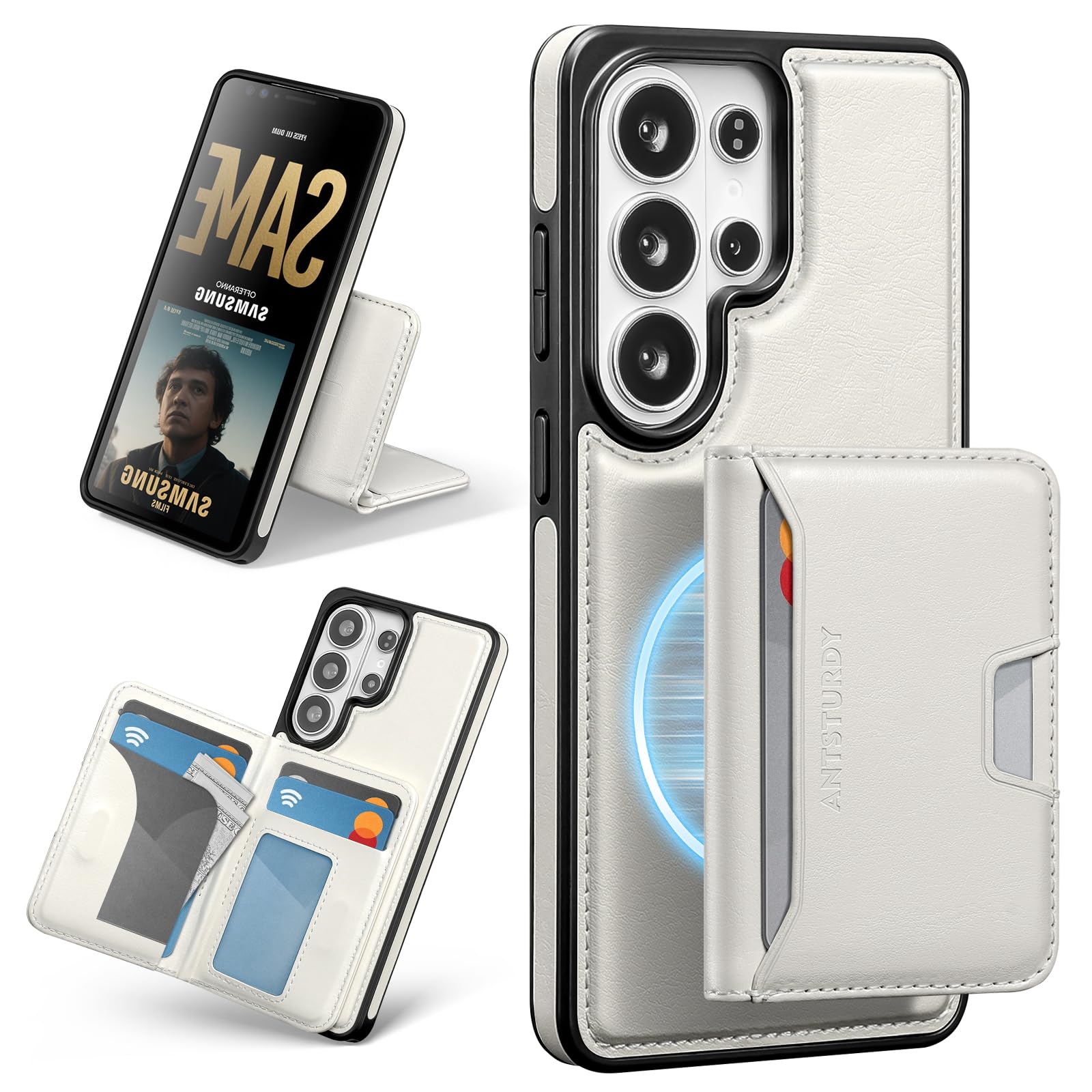 Antsturdy Compatible with MagSafe 2 in 1 Detachable Magnetic Samsung Galaxy S26 Ultra Wallet Holder,PU Leather RFID Blocking Credit Card Slots Flip Cover Kickstand for Men Women,White