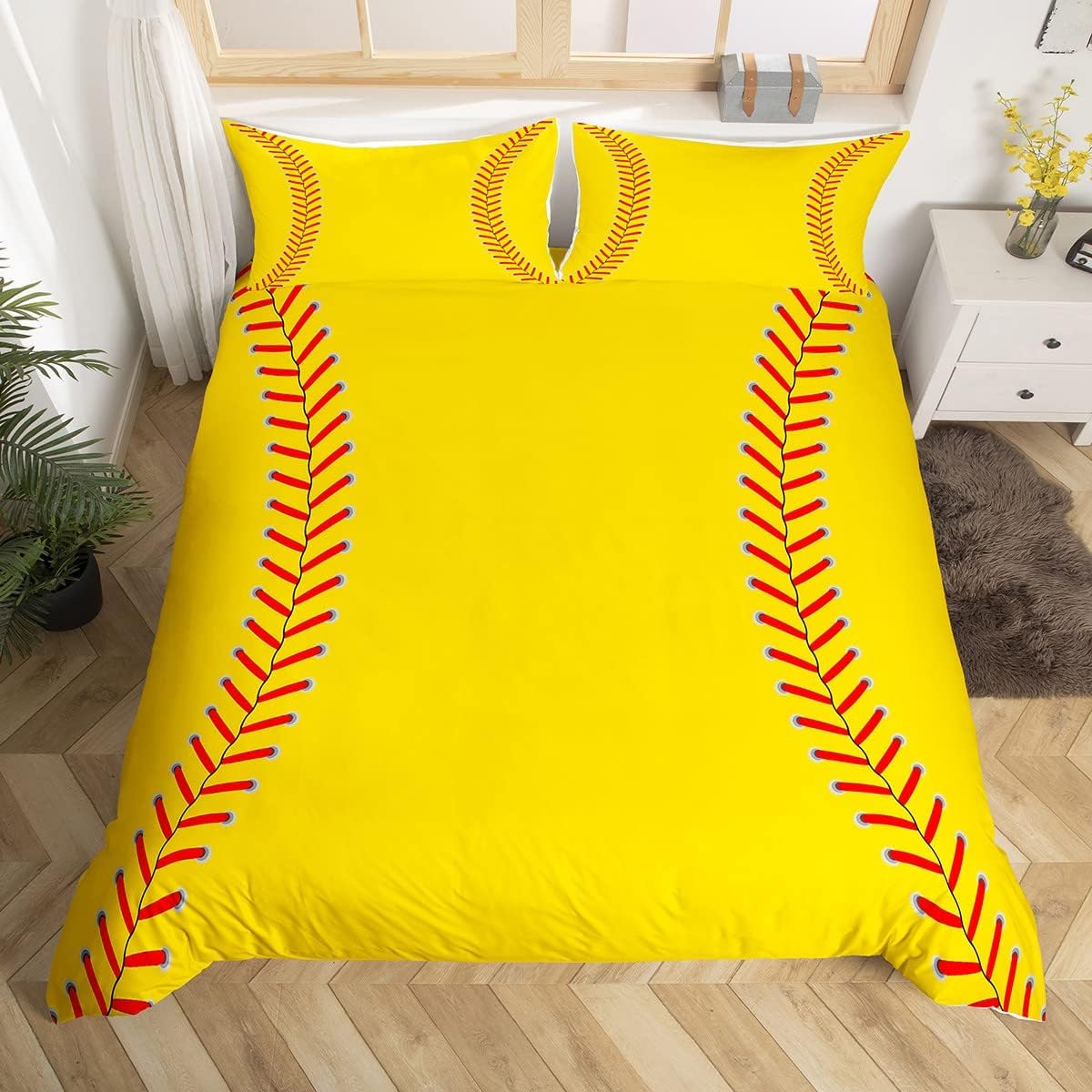 Softball Bedding Set for Softball Lover Ball Sports Theme Comforter Cover Set Girls Women Bright Red Yellow Room Decorative Duvet Cover Girl Boys Bedspread Cover 2Pcs With 1 Pillow Case Twin Size