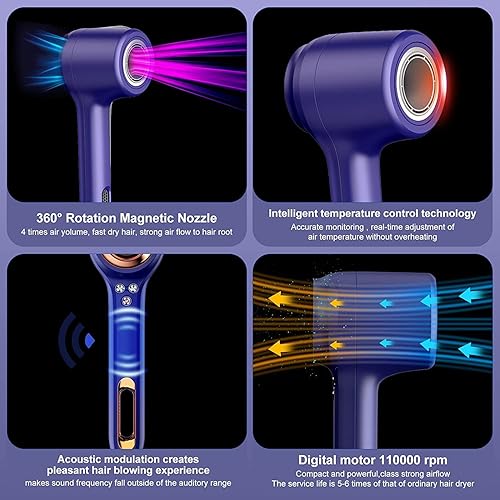 Miniatura 4 de Secador de pelo, secador iónico, motor sin escobillas de 110, 000 RPM para secado rápido, bajo ruido, función de memoria, reduce el encrespamiento,