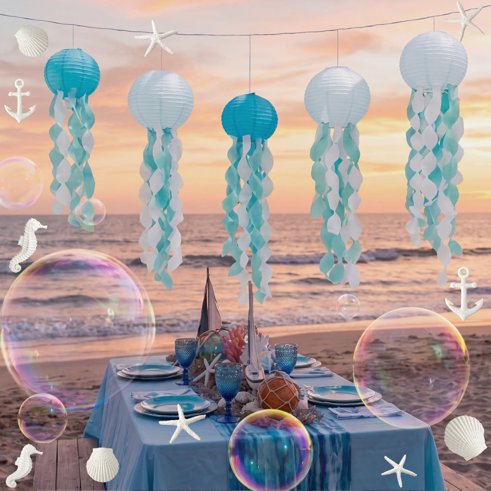 VioraWhite 21 piezas de decoración de fiesta de cumpleaños de playa oceánica, 6 linternas de papel de medusas colgantes de 9.8 pulgadas, 12 conchas de resina, 2 guirnaldas de burbujas para decoración