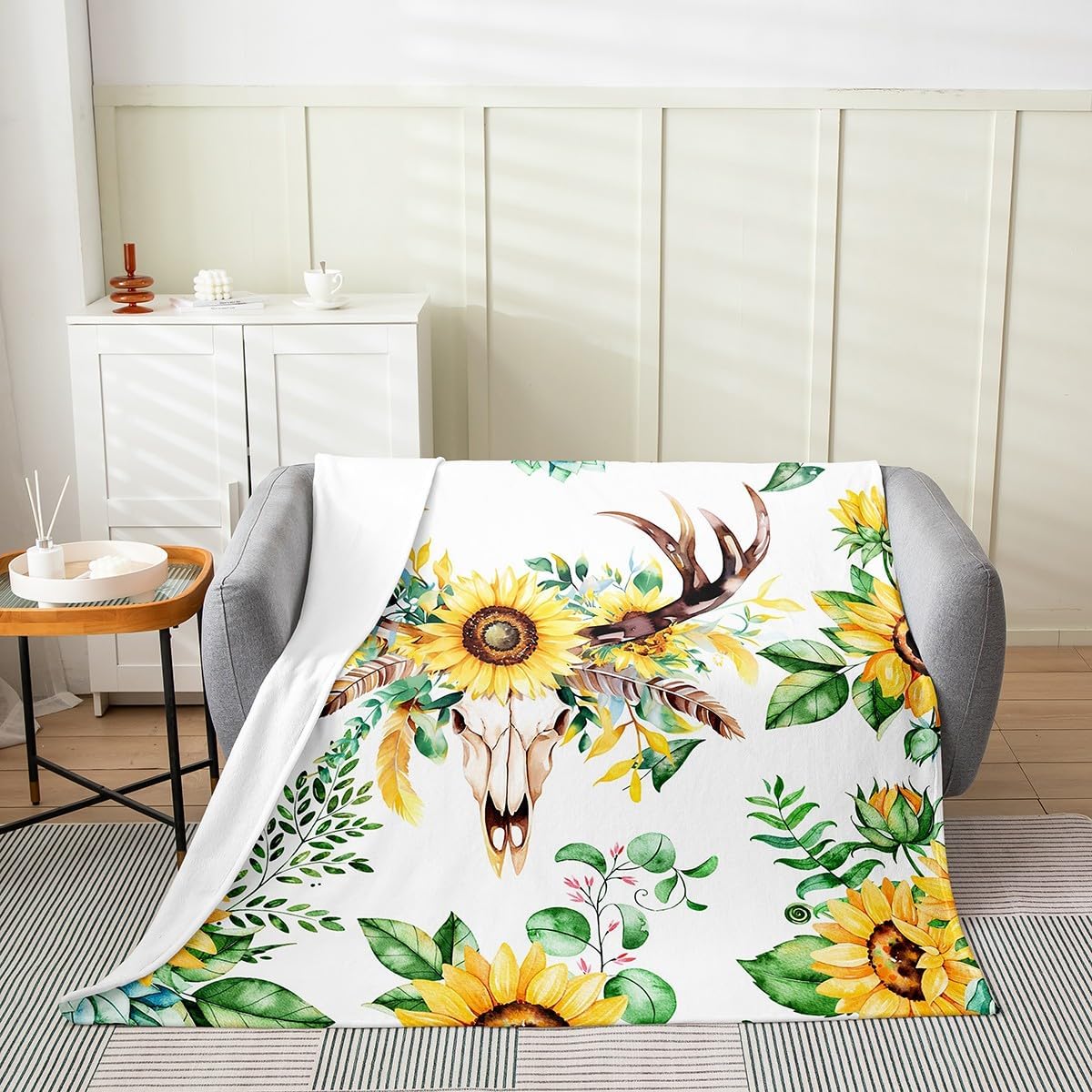 Bull Skull Fleece Blanket,Rustic Farmhouse Animal Cattle Skull Bed Blanket for Kids Teens,Yellow Sunflower Nature Floral Flannel Blanket for Room Decor,Queen 90"x90"