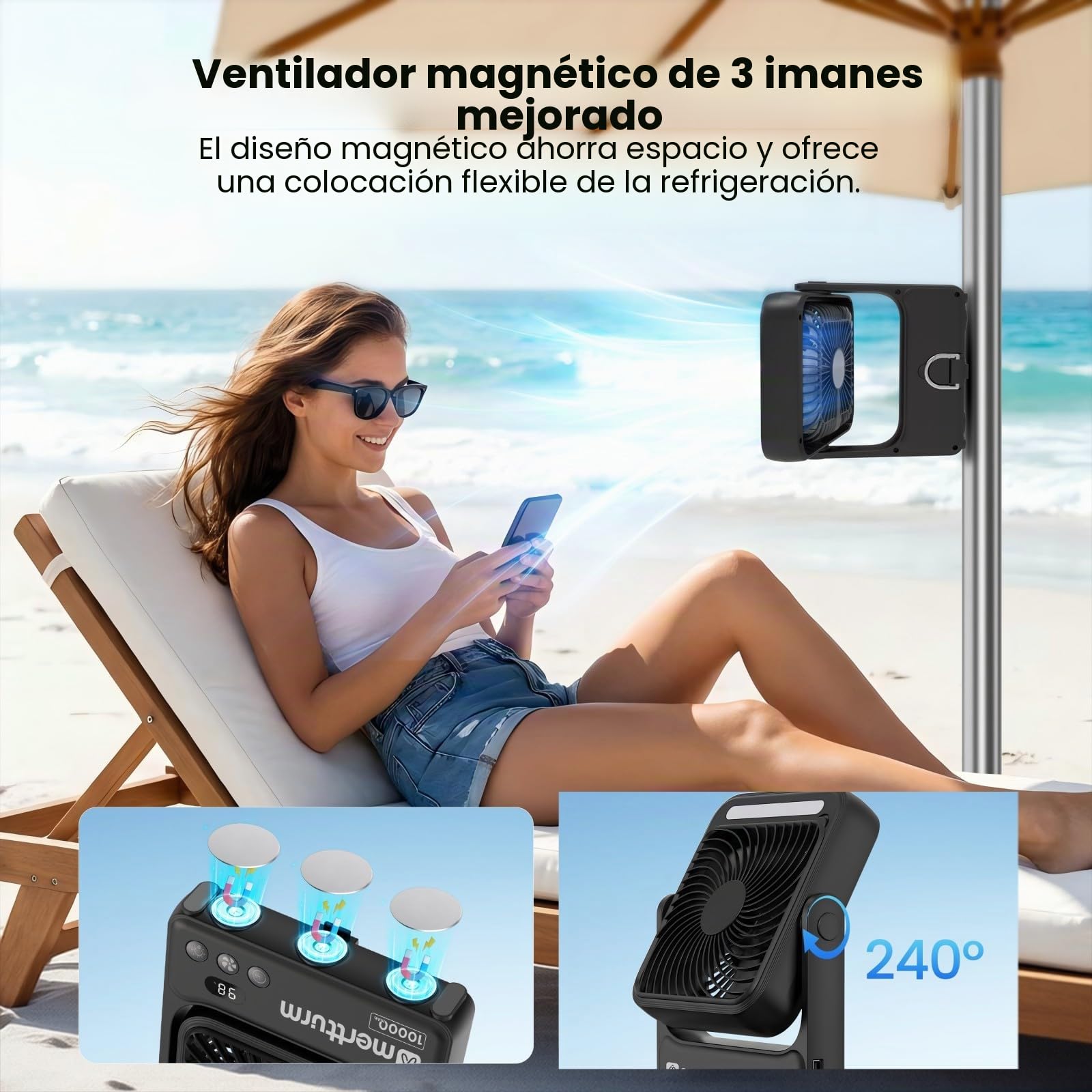 MERTTURM Ventilador Magnético de Escritorio para Crucero con Luz Nocturna, 10000mAh Recargable Portátil de Viaje con Mando a Distancia, 4 Velocidades, Temporizador, Gancho, para Acampar/Crucero/Golf