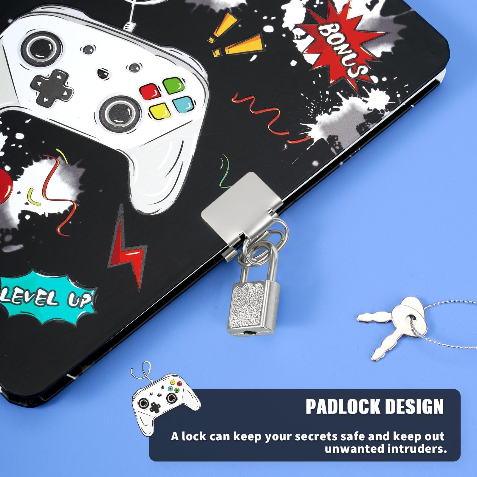 WERNNSAI Kit journal de jeu garçons - Journal lumineux enfants cadenas clés stylo autocollants carnet écriture ligné A5 jeux vidéo