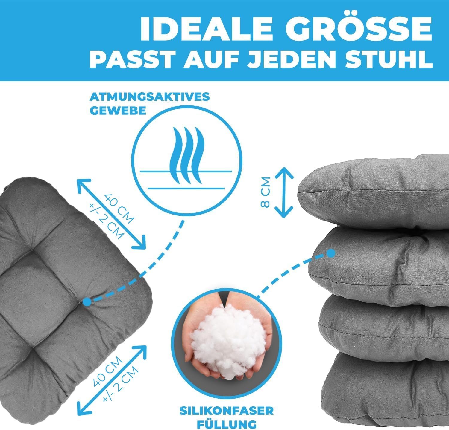8X Sitzkissen Outdoor 40x40, 8cm dick, Wasser- & UV-beständig | Bändern, Bequeme Stuhlkissen, Stuhlauflage Sitzpolster, Sitzauflage Gartenstuhl, Extra dicke Sitzkissen Stuhl braun