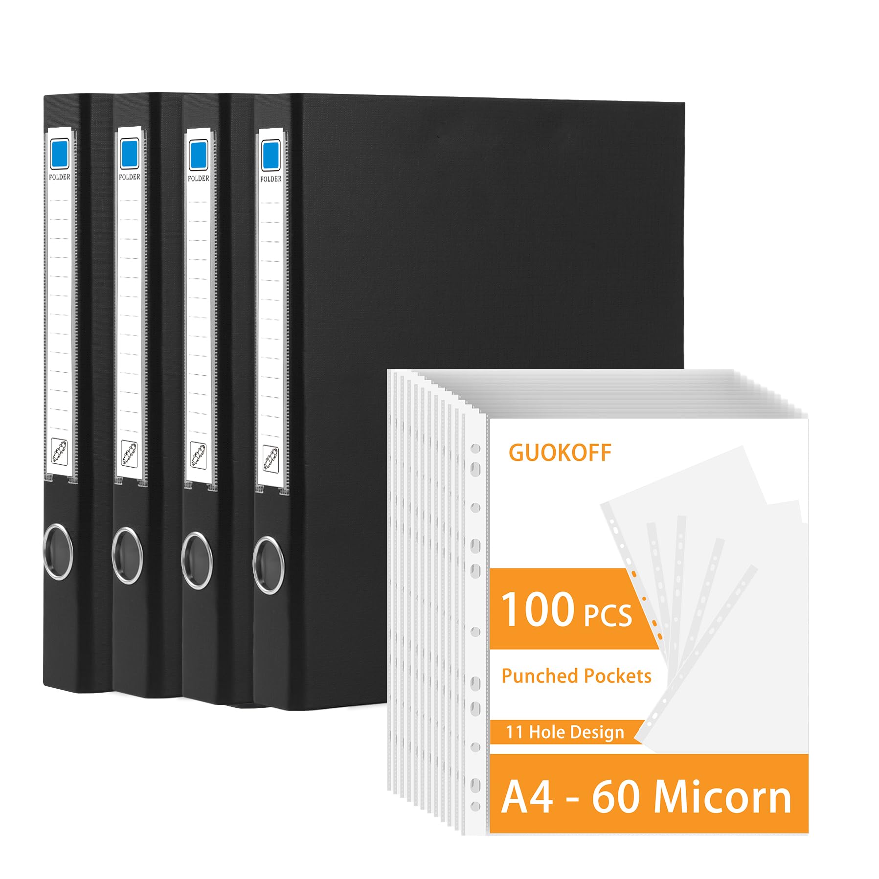GUOKOFF A4 Ring Binder with 100 PCS Punched Pockets, 4 PCS 4 D-Ring Binder, Heavy Duty Board Construction Ring Folder, File Folder Plastic Sleeves for Document, Certificate, School, Office