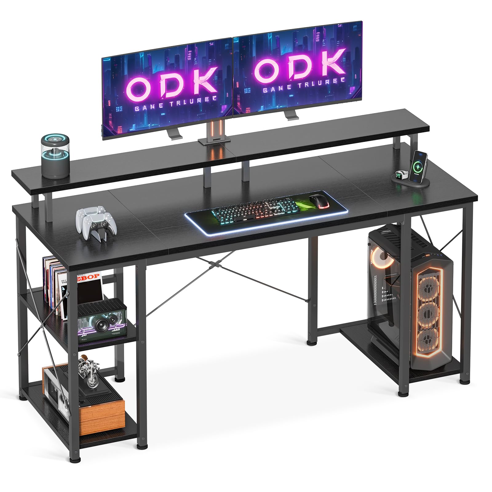 ODK Scrivania con Ripiano Reversibile, Scrivania Gaming con Supporto per Monitor e Ripiano di Stoccaggio, Scrivania Ufficio Tavolo per Computer per Ufficio, Camera da Letto (Nero, 120x50x86.5cm)