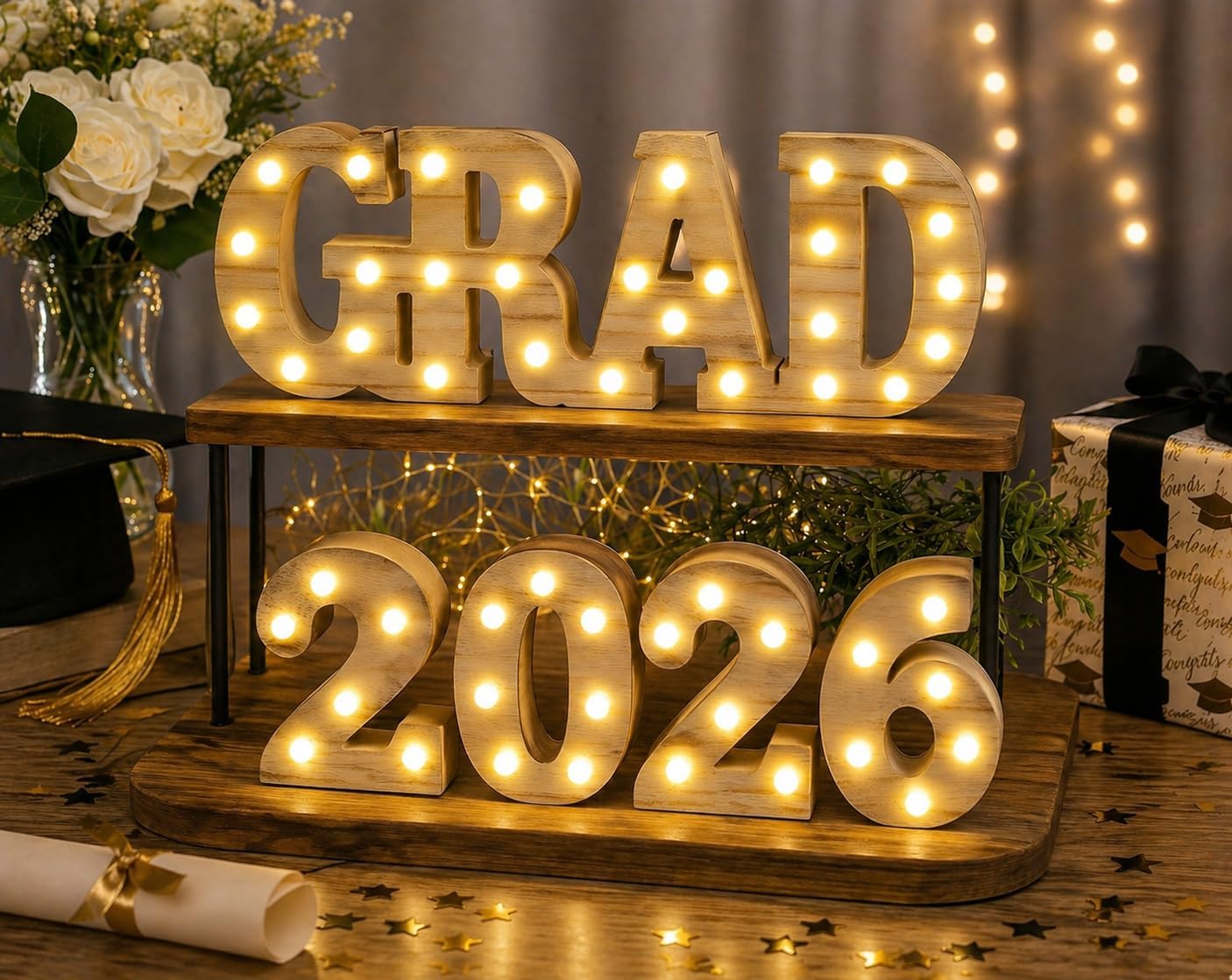 Grad 2026 Light Up Sign LED Marquee Letters Graduation Decor Lighted Wooden Sign for Graduation Party Table Centerpiece Senior Celebration Decorations