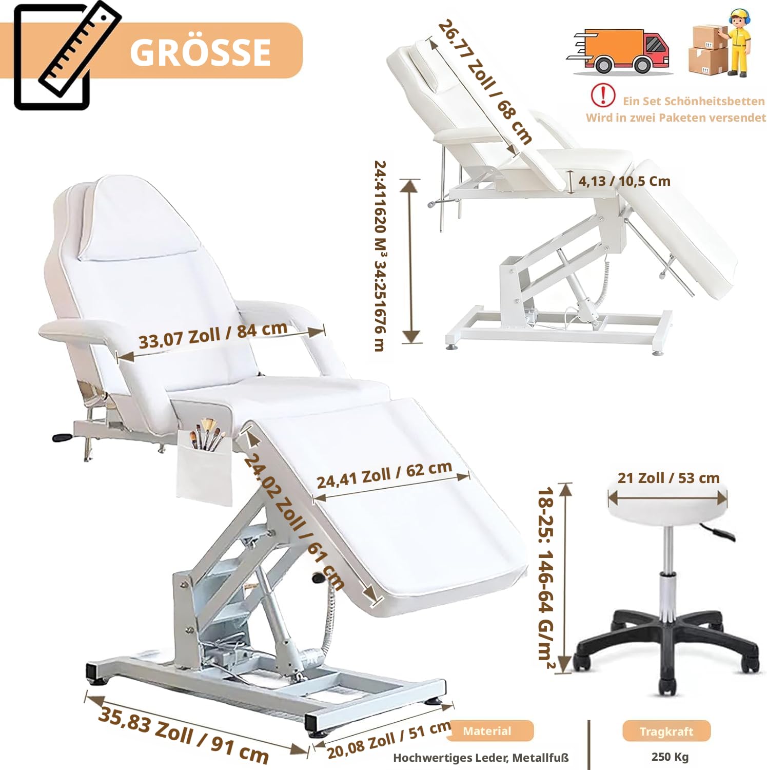 KernGut Elektrischer Massagetisch Schönheitsbett mit Hocker Verstellbares 3-Abschnitts Massagebett Salon Tattoo Gesichts SPA Liegestuhl Elektrische Massage Abnehmbare Armlehnen Kopfstütze (Weiß) - 3