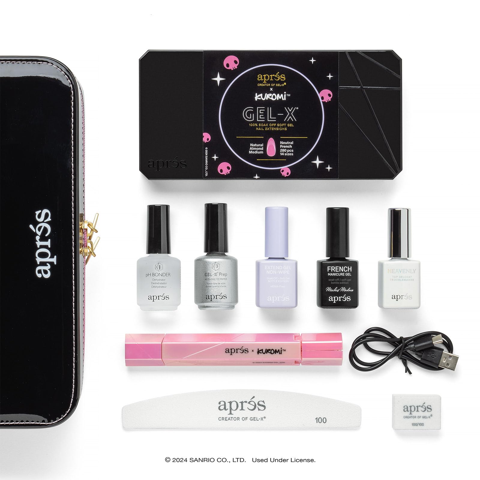 APRÉS x Kuromi™ Gel-X Nail Extension Kit w/ Neutral French Natural Almond Medium Nail Tips, Extend Gel, Bonder, Gel-X Prep, Sanrio Omni Light