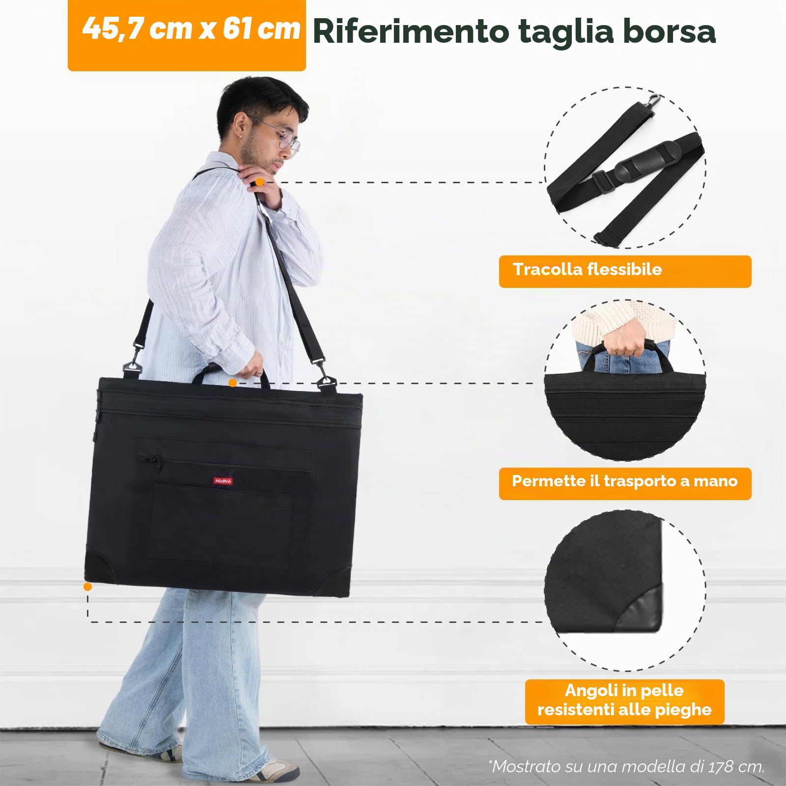 Nicpro borsa portfolio leggera, 49 × 65 cm, art portfolio case con tracolla removibile, angoli in pelle, custodia per il trasporto e la conservazione di opere d'arte, poster, schizzi e disegni