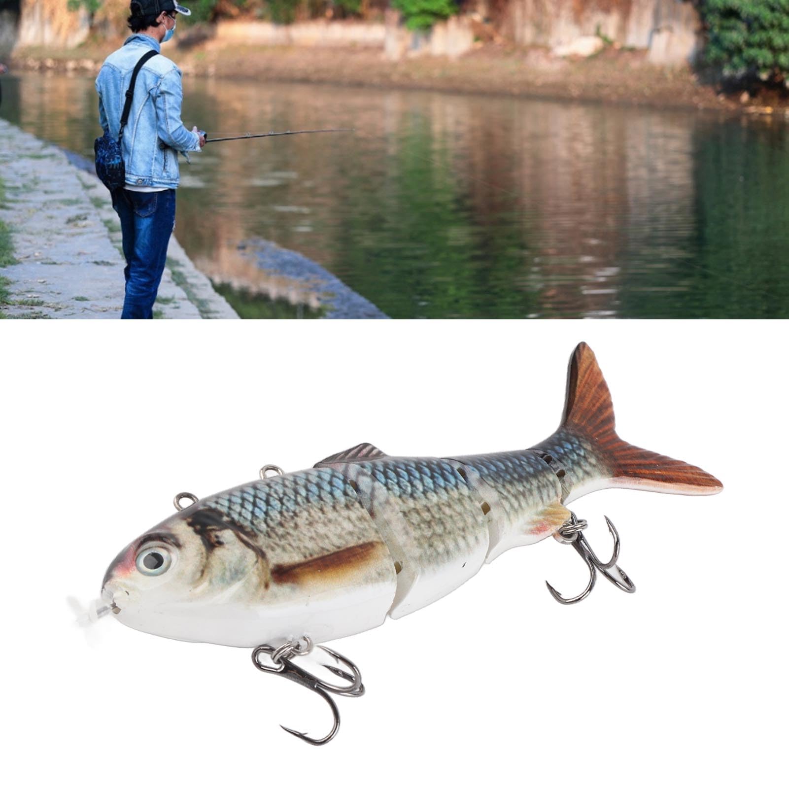 Akozon Robot Fishing Lure - wieloprzegubowa elektryczna przynęta do pływania z zielonym światłem LED, ładowalna i nadająca się do recyklingu dla podwodnych drapieżników