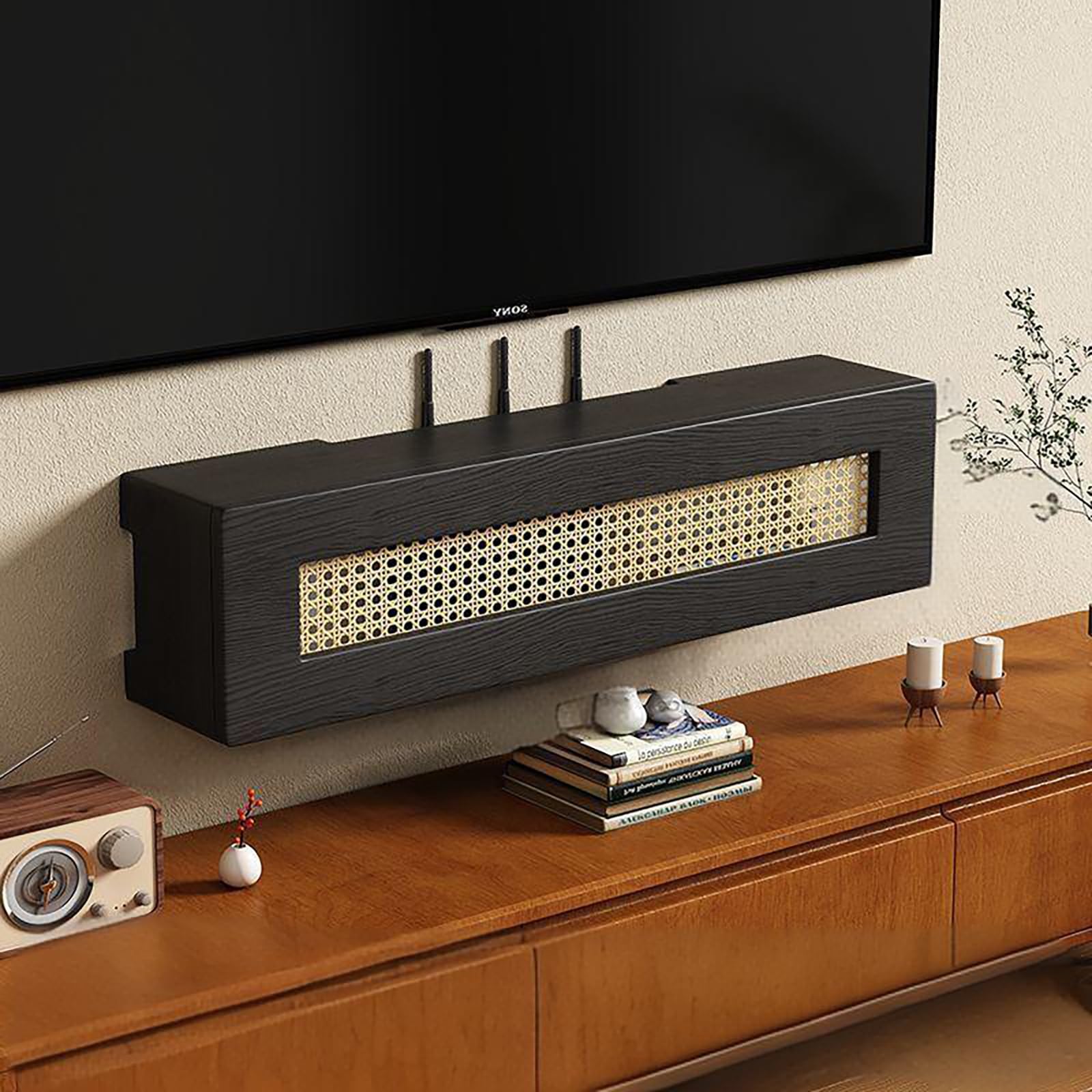 Mensola in rattan, con supporto da parete, per casse di alimentazione WiFi, in legno, per ufficio e casa