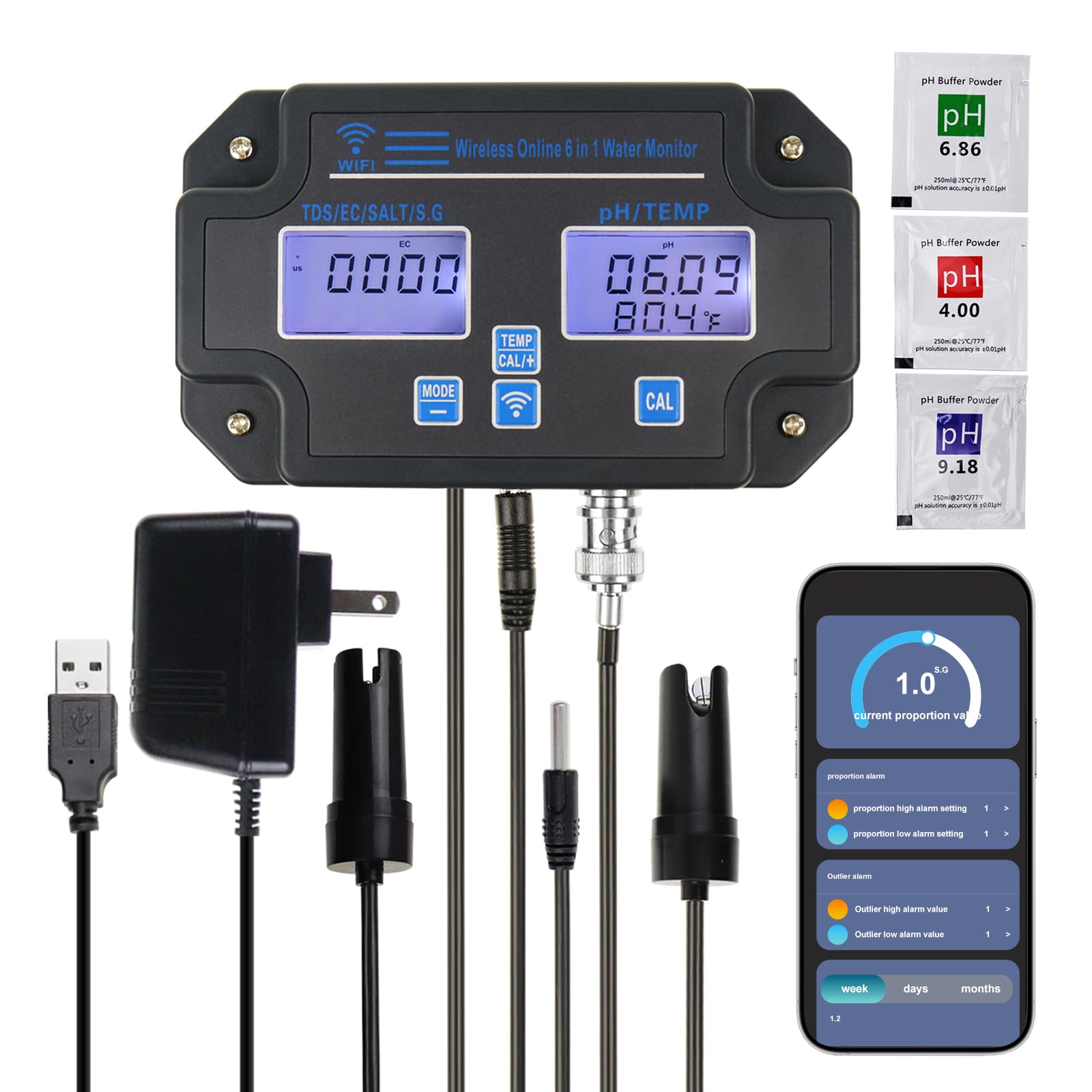 Monitor Professionale 6 in 1 per la Qualità dell'Acqua che Misura pH, TDS, EC, Salinità, SG, Temperatura Sensore Wi-Fi Intelligente con App e Registrazione Dati per Acquari e Colture Idroponiche