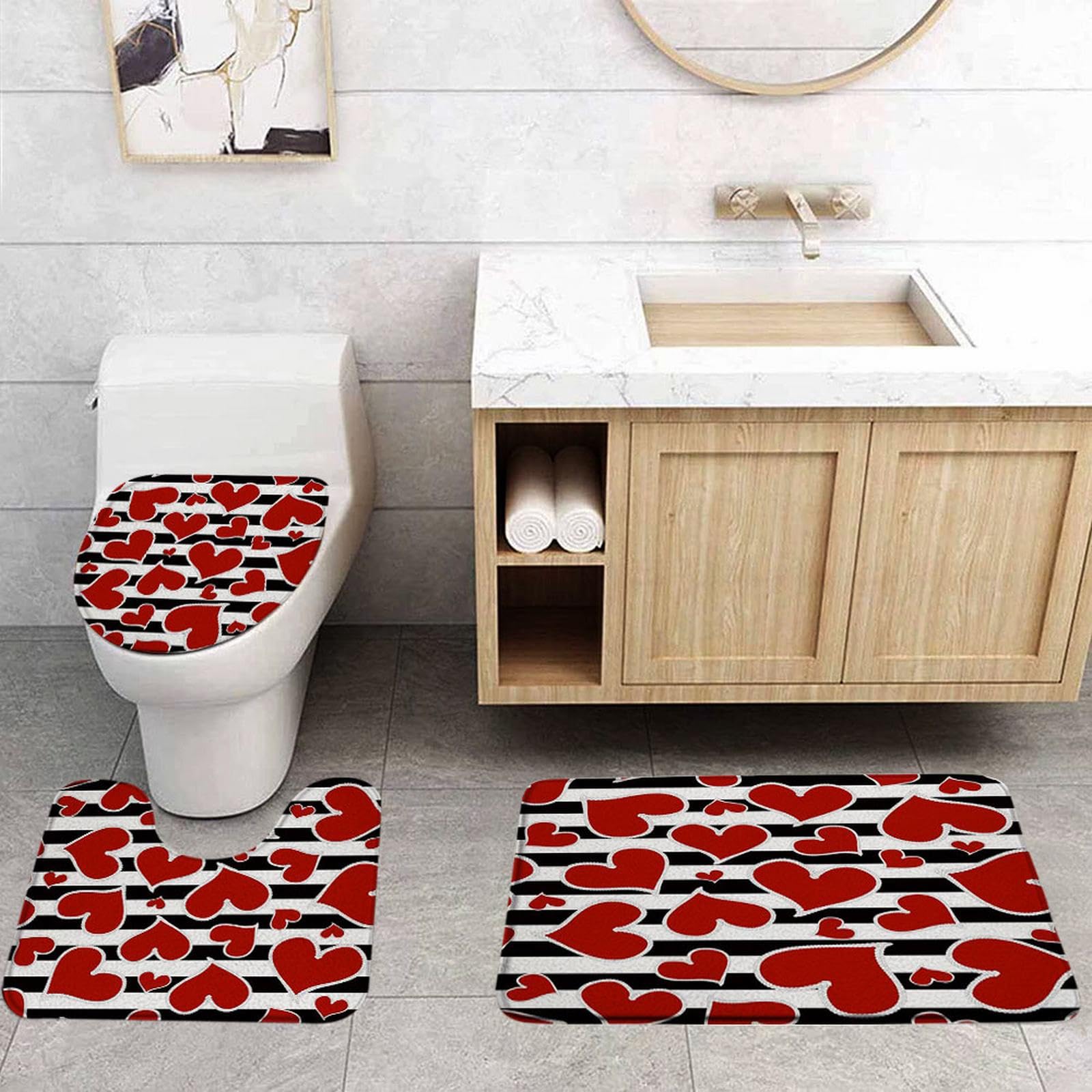 VPUPCN Valentine's Day 3 Pcs Bath Rugs Set,Red Heart Modern Black White Stripes Romantic Sweet Love Couple Bathroom Kitchen Rug with 16