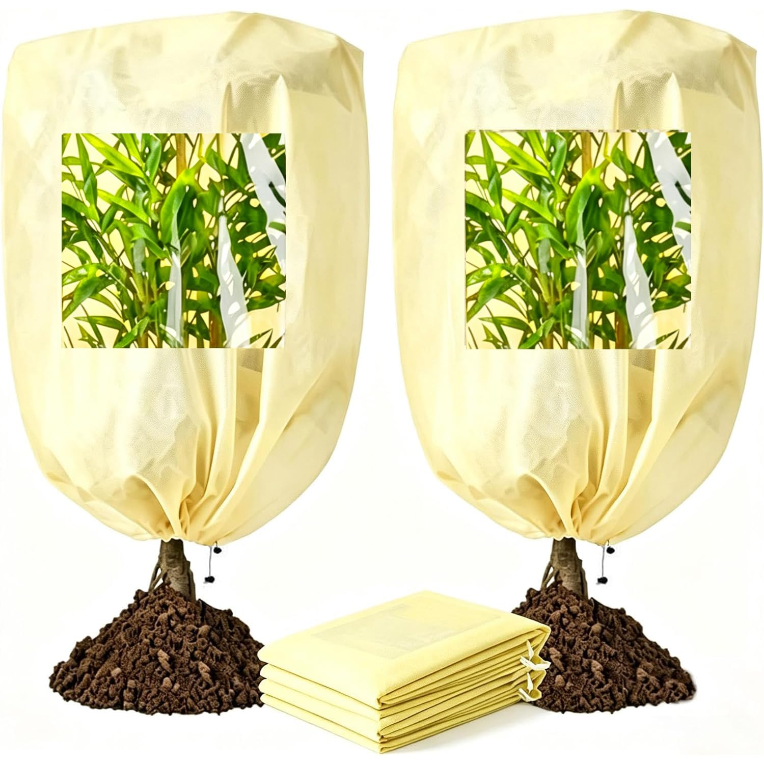 XIDEAN 2-Pack Winter Plant Covers Freeze Protection with Viewing Window, Beige 100 x 80cm Frost Cloth Plants Jacket Drawstring Tree Cover for Outdoor Plants, Shrub Potted Plants