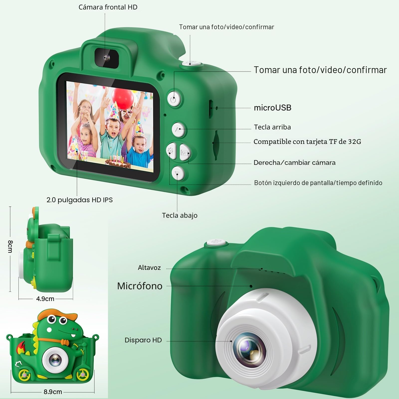 Cámara de Fotos Infantil Dinosaurio, 2" 1080P cámara Digital, HD Selfie Apareille Photo 32G, Eouet Infantil y Regalo niña 3 4 5 6 7 8 9 10 11 12 años, Bien Juegos para niños (Verde)