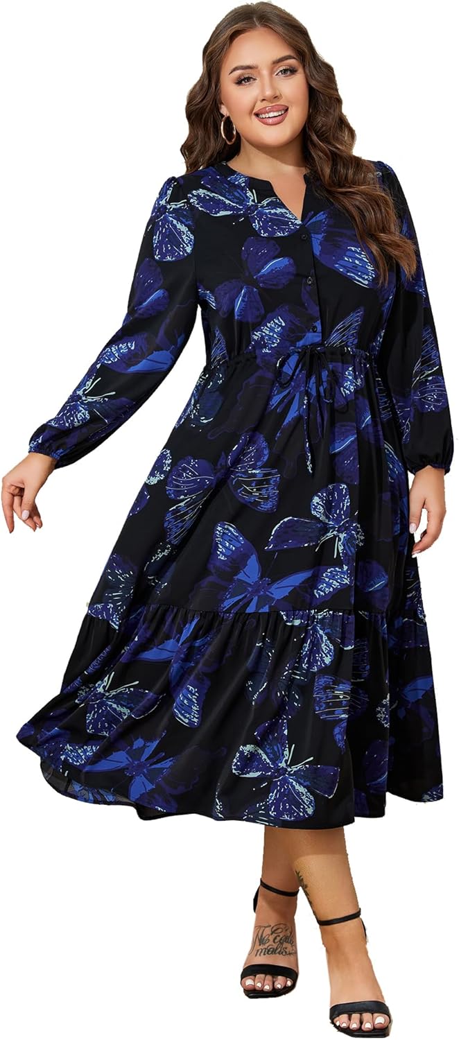 ZNU Plus Size Midi Dress Women Wedding Guest Dress Button