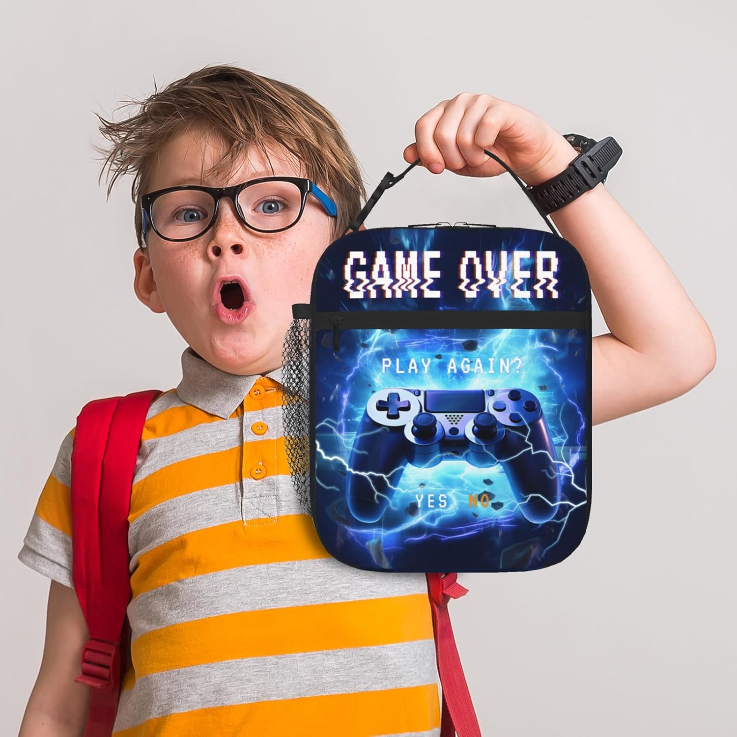 Gamepad Lunch Bag Kids Insulated Lunch Box for Boys Girls Fire Video Game Lunch Bag Reusable Lunch Box With Adjustable Shoulder for School Work Office Travel Picnic Hiking Beach