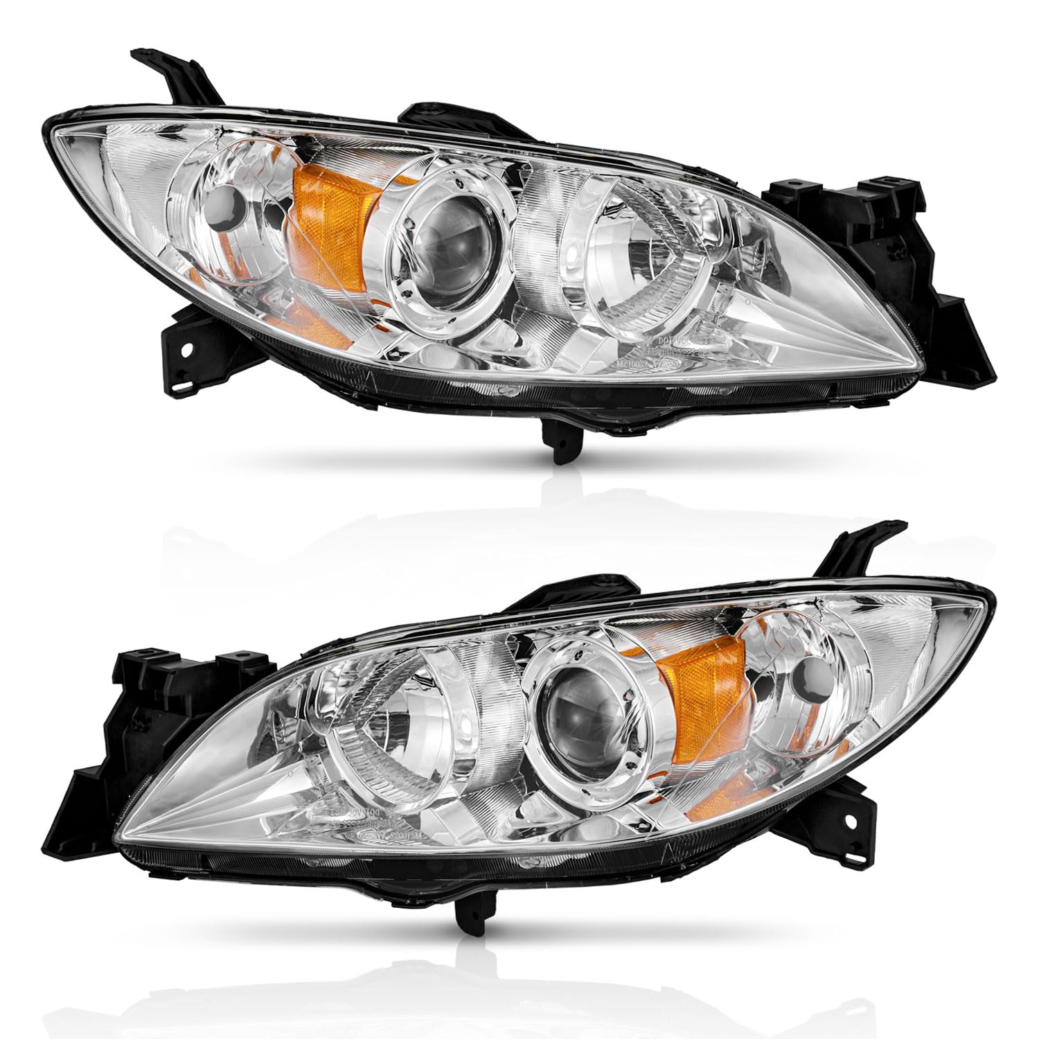 WEELMOTO For 2004-2009 Mazda 3 Sedan Headlights Assembly Compatible with 04 05 06 07 08 09 Mazda 3 Sedan 4Door Projector Headlight Replacement Chrome Housing Amber Reflector Left + Right Side Pair set