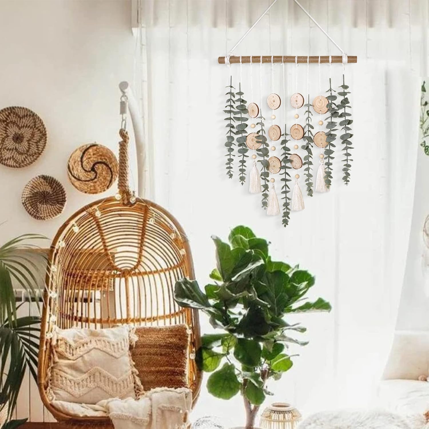 Bathroom Decor Artificial Eucalyptus Greenery Hanging Wall Decor Faux Eucalyptus Leaves Hanging Plant with Wooden Stick with Rustic Farmhouse for Bedroom Nursery Boho Home Decorations