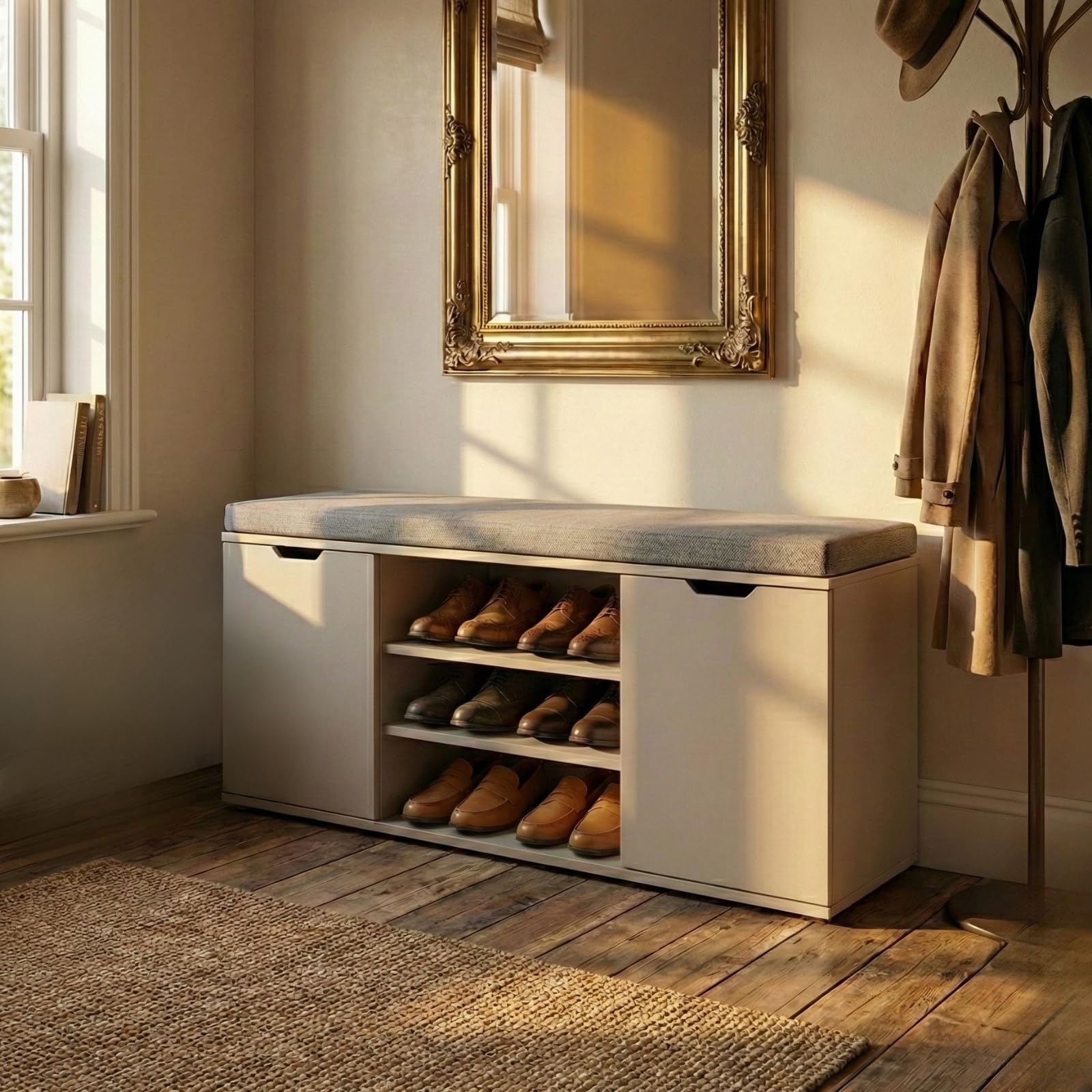 Schuhschrank mit Sitzbank 103 x 30 x 46 cm MDF Polyester Polsterung Flurbank Stauraum hellgrau