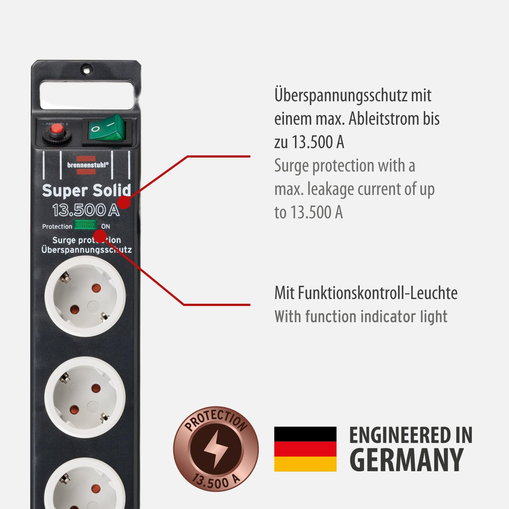 Brennenstuhl Super-Solid regleta enchufes con 8 Tomas y protección sobretensiones hasta 13.500A (con Cable de 2,5m e Interruptor, regleta eléctrica de policarbonato inastillable) Negro/Gris