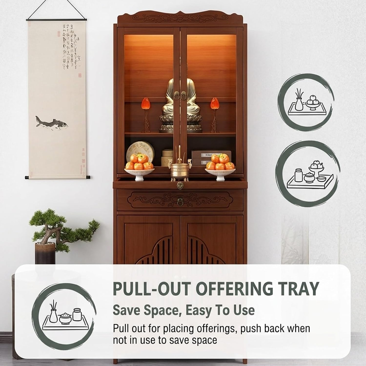 Retro Homes meditation shrine with cabinet, Churches altar table with drawers, buddhist altar decor standing cabinet, Temple table for Buddha statues Can candles,incense burners,offerings.(38cm/15in)