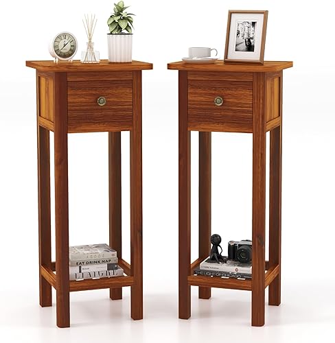 Miniatura 13 de Giantex Mesa auxiliar estrecha con cajón, mesa auxiliar alta de madera de acacia con estante inferior, mesas de noche modernas, mesita de noche de 2