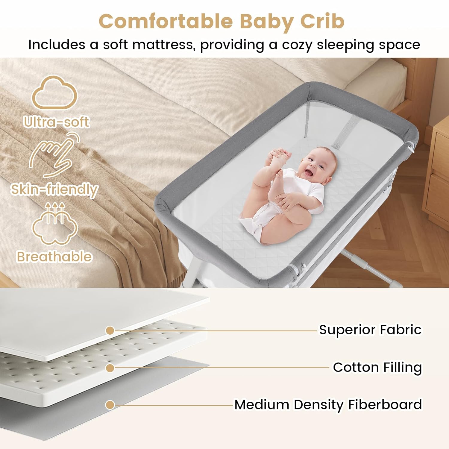 HONEY JOY Baby Bassinet Bedside Sleeper, Baby Bed Crib for Newborn w/ 5 Adjustable Heights, Storage Pockets, Mattress & Breathable Mesh, Easy to Assemble, Portable Bed Side Bassinet for Infant, Grey