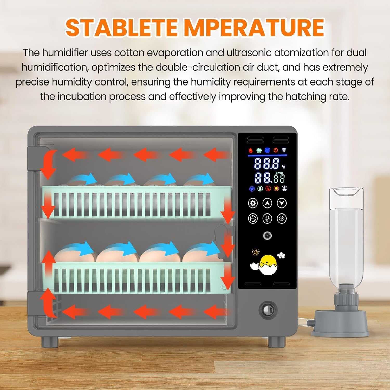 Vollautomatischer Inkubator für 24 Eier mit automatischem Drehen von Eiern und Befeuchtung durch Ultraschallbeströbung, Temperaturregelung, LED-Farbdisplay, Lichtlampe für Ei