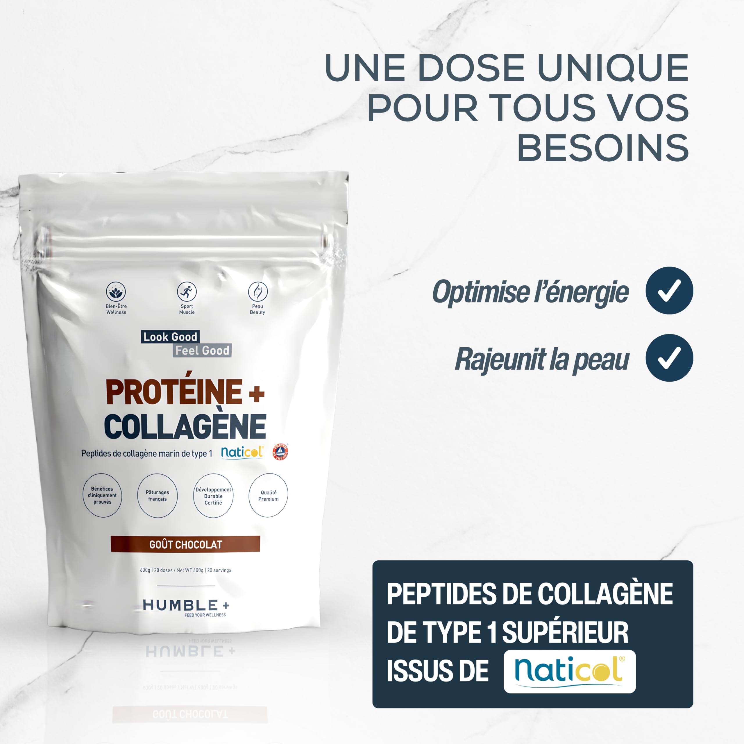Protéine + Collagène marin Naticol® en poudre, paquet de 600 g - Saveur chocolat - Confort articulaire et récupération musculaire - 20 portions à 30g/jourP