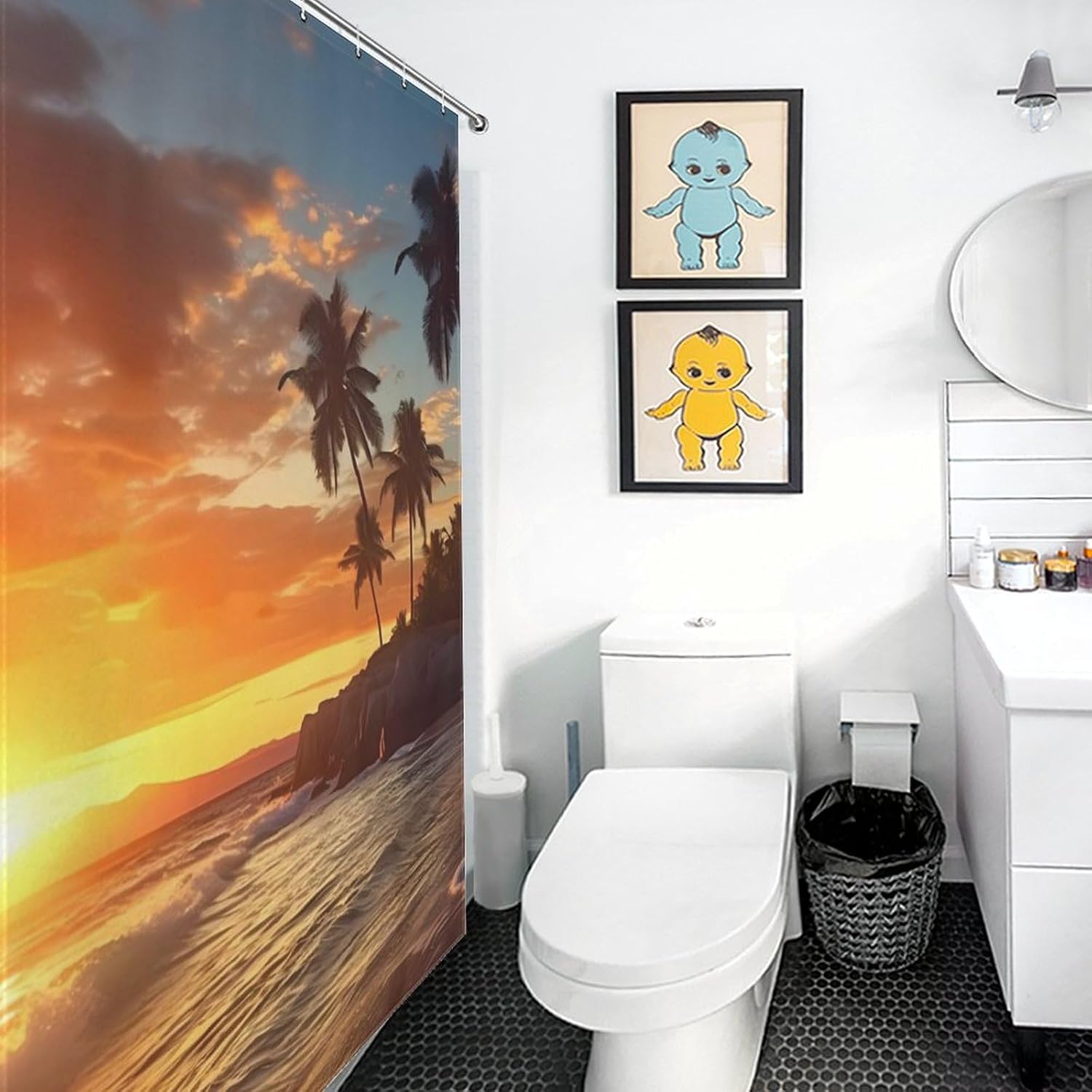 Ocean Beach Palm Tree Sunrise Sunset Funny Shower Curtains Washable Bath Curtain Liner with Hooks for Bathroom Bath Tubs