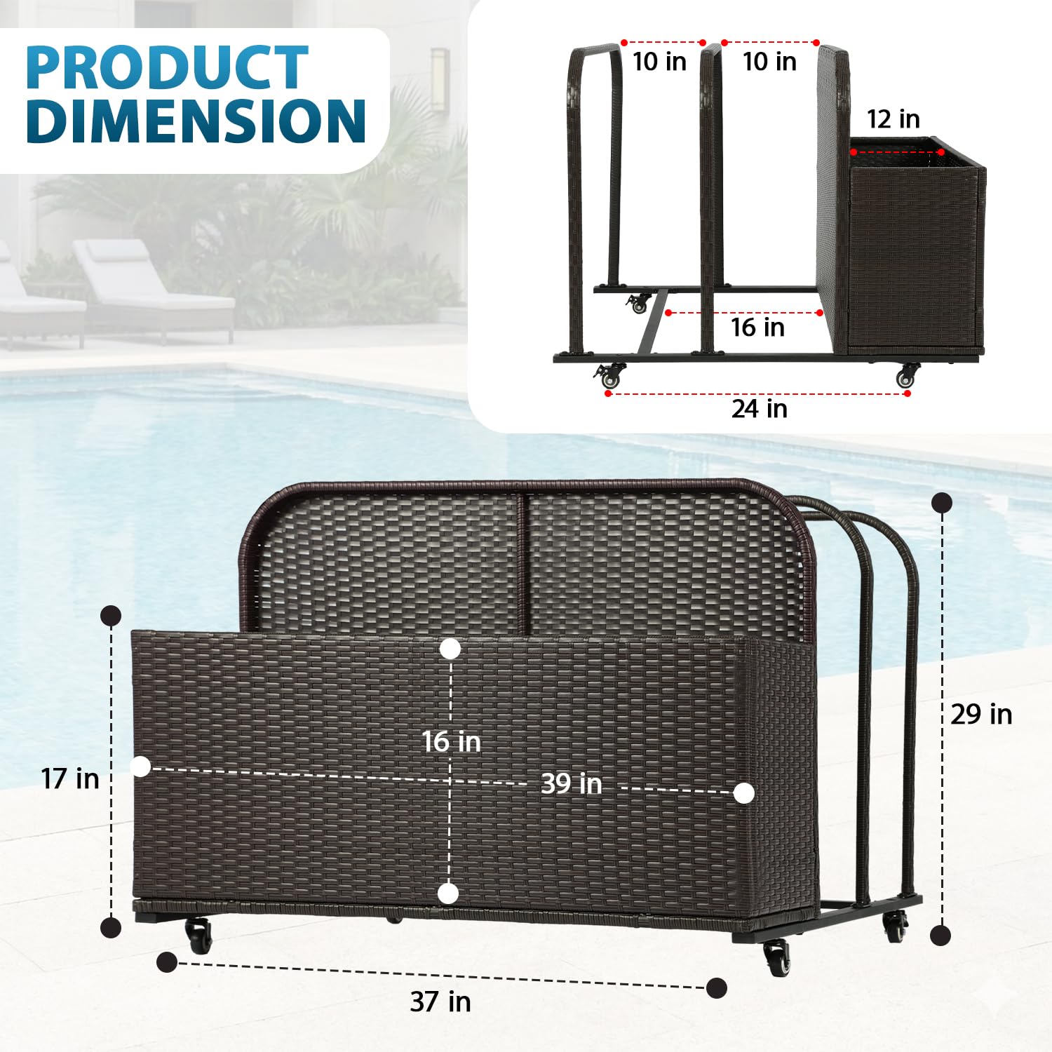 FDW Contenitore per galleggianti da piscina, con ruote, cestino in rattan sintetico, scomparti aperti per galleggianti, noodles, giubbotti di salvataggio, palline da spiaggia, attrezzature cuscini