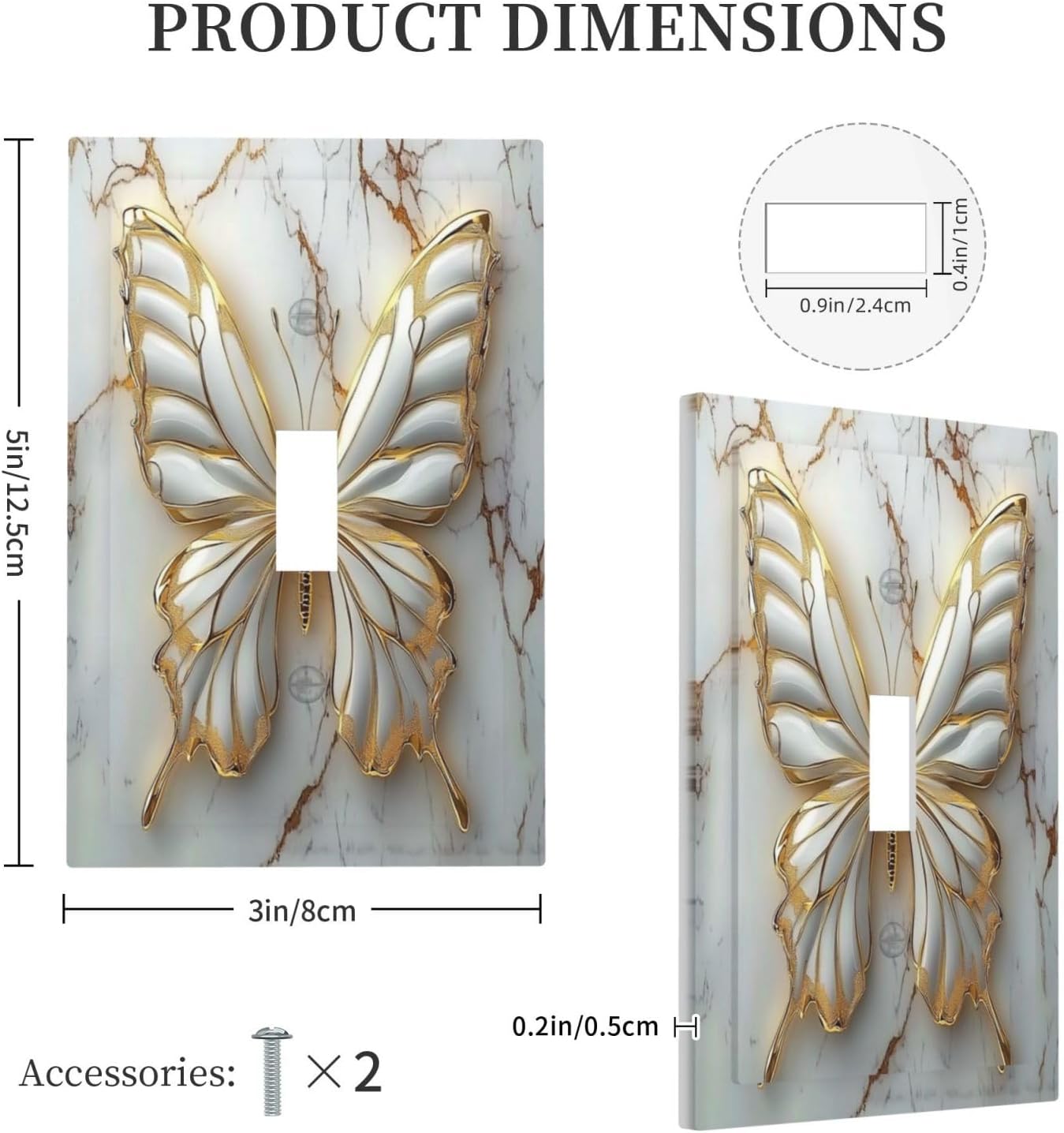 Decorative Light Switch Cover White Gold Abstract Modern Marble Butterfly 1 Gang Wallplates Single Toggle Outlet Covers Switch Plate Electrical Faceplate for Bathroom Kitchen Decor