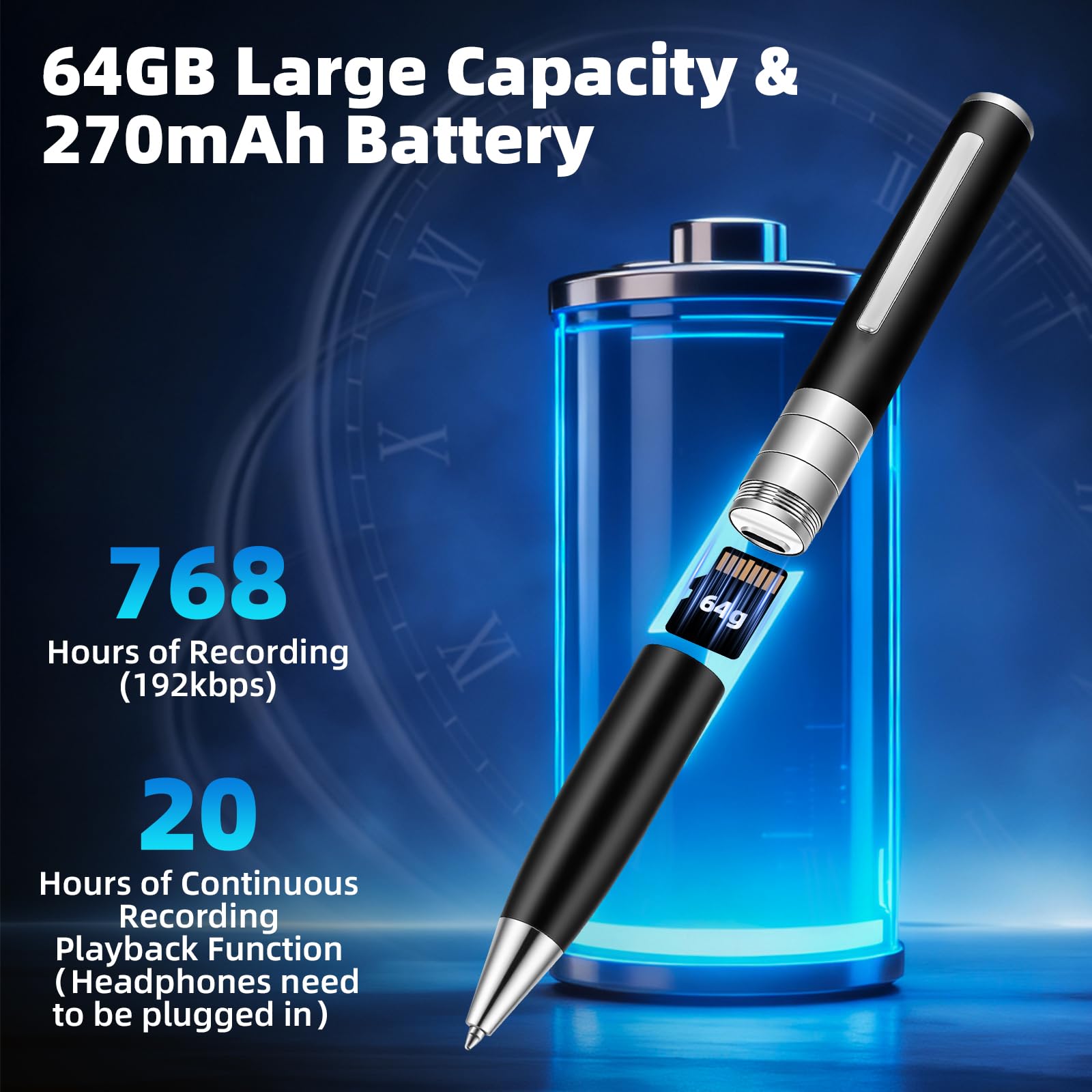 Pluma Grabación de Voz de 64 GB - Grabadora de Voz automática y Continua Mediante activación rotativa, Grabadora de Voz Espía Discreta para Cursos, Reuniones, Entrevistas (Negro)